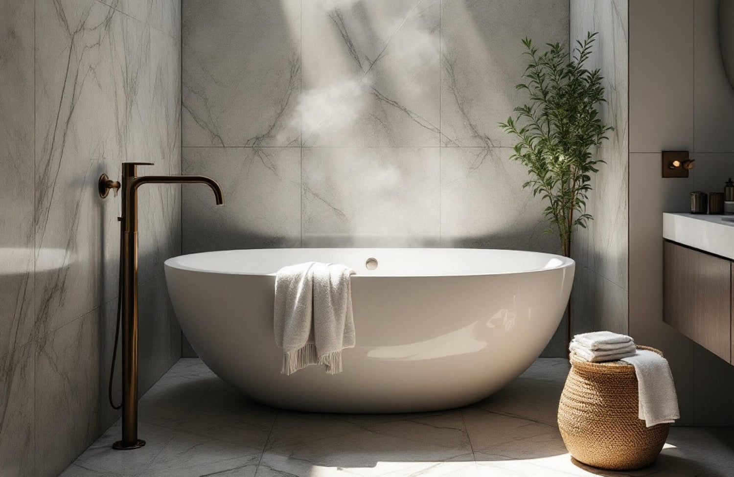 Freestanding white bathtub set against large-format marble-look wall tiles in a softly lit modern bathroom.