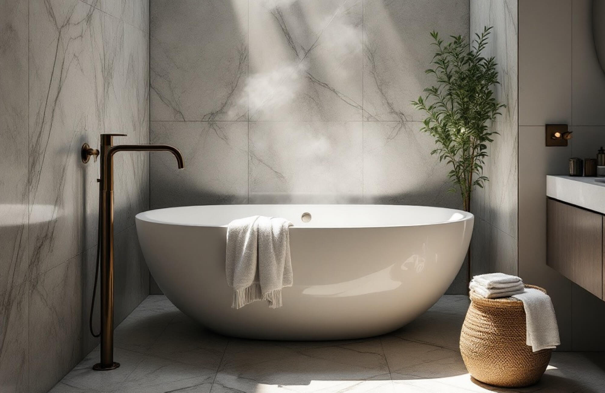 Freestanding white bathtub set against large-format marble-look wall tiles in a softly lit modern bathroom.