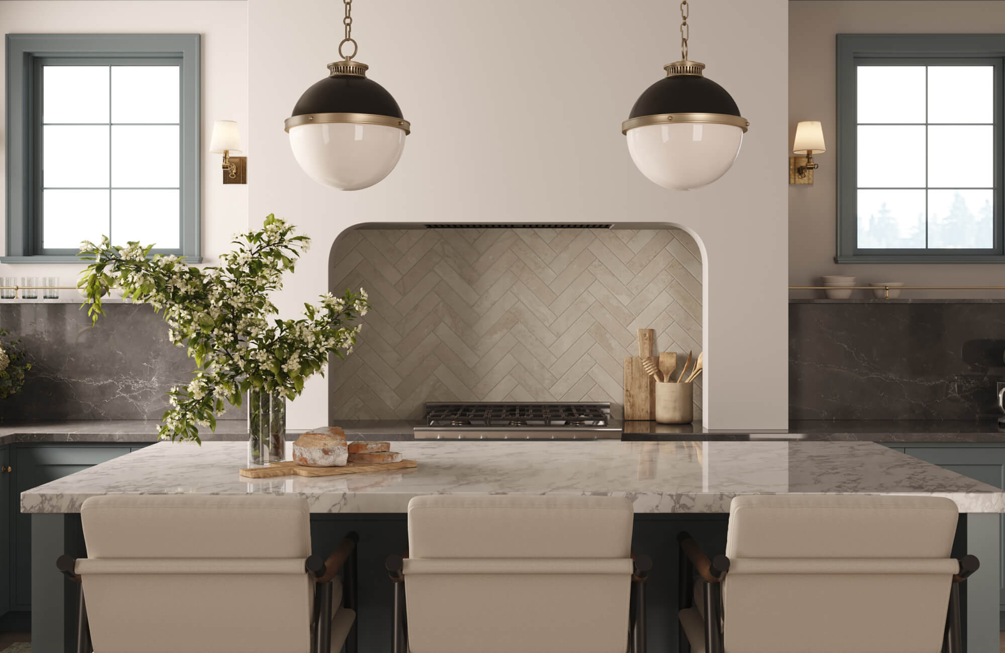 Elegant kitchen with a marble island, beige bar stools, dark stone countertops, and a herringbone tile backsplash framed by an arched niche.