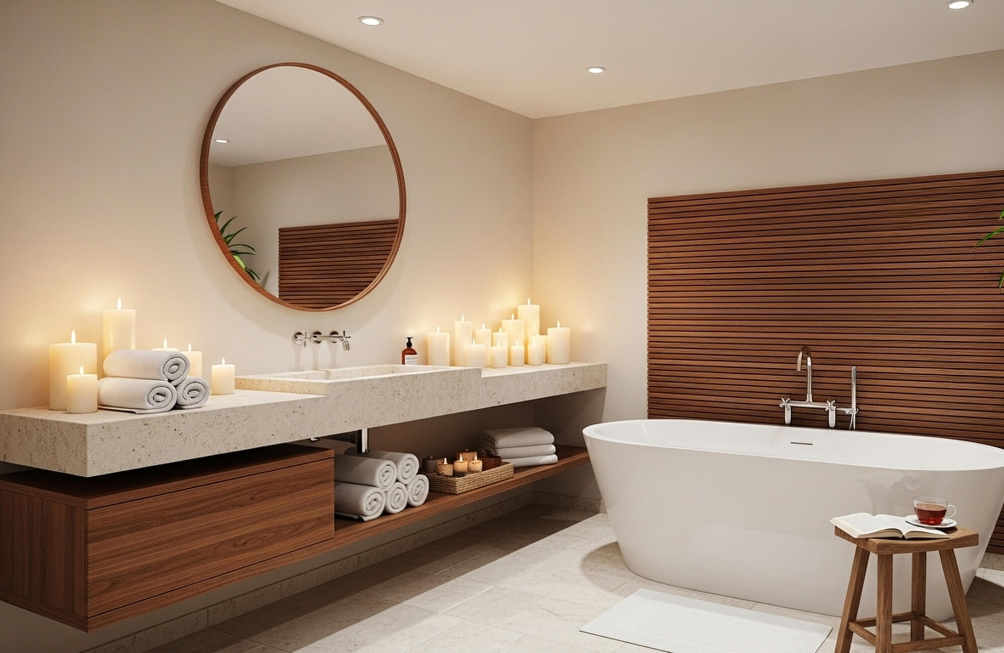 A serene bathroom with a floating wood vanity, round mirror, stone countertop, candles, and a freestanding tub beside wood paneling.