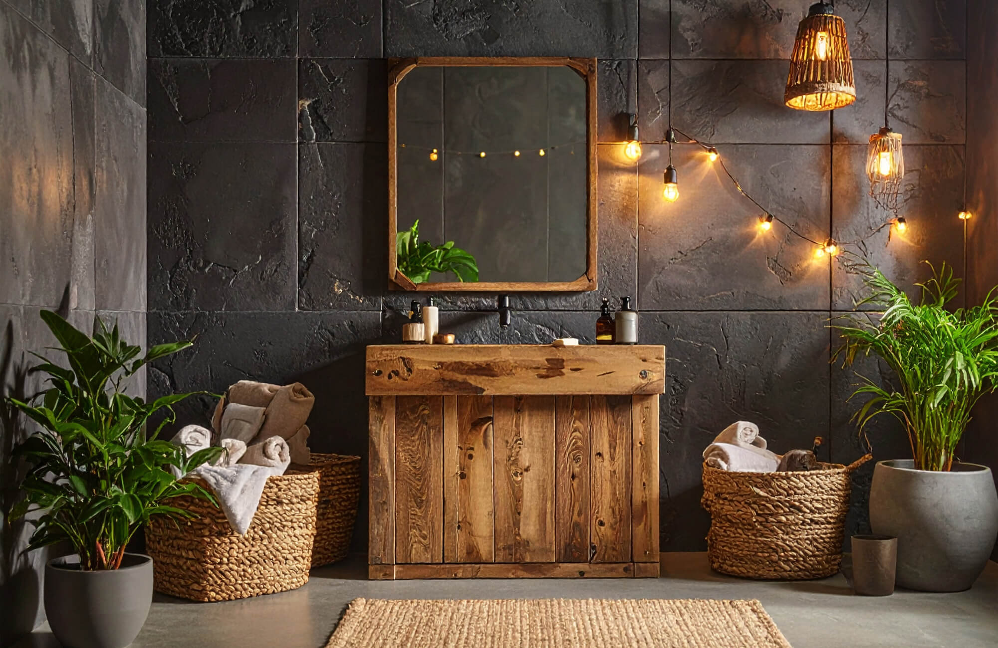 Rustic bathroom interior featuring a wooden vanity, square mirror, wicker baskets, potted plants, and warm ambient lighting.