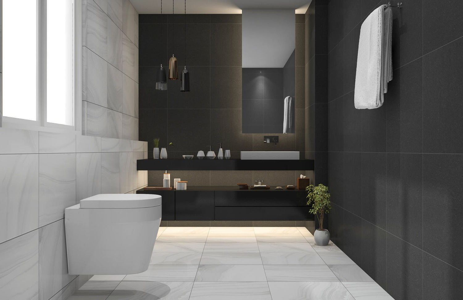 Modern bathroom with dark wall tiles, floating vanity, white fixtures, and soft lighting creating a sleek, spa-like atmosphere.