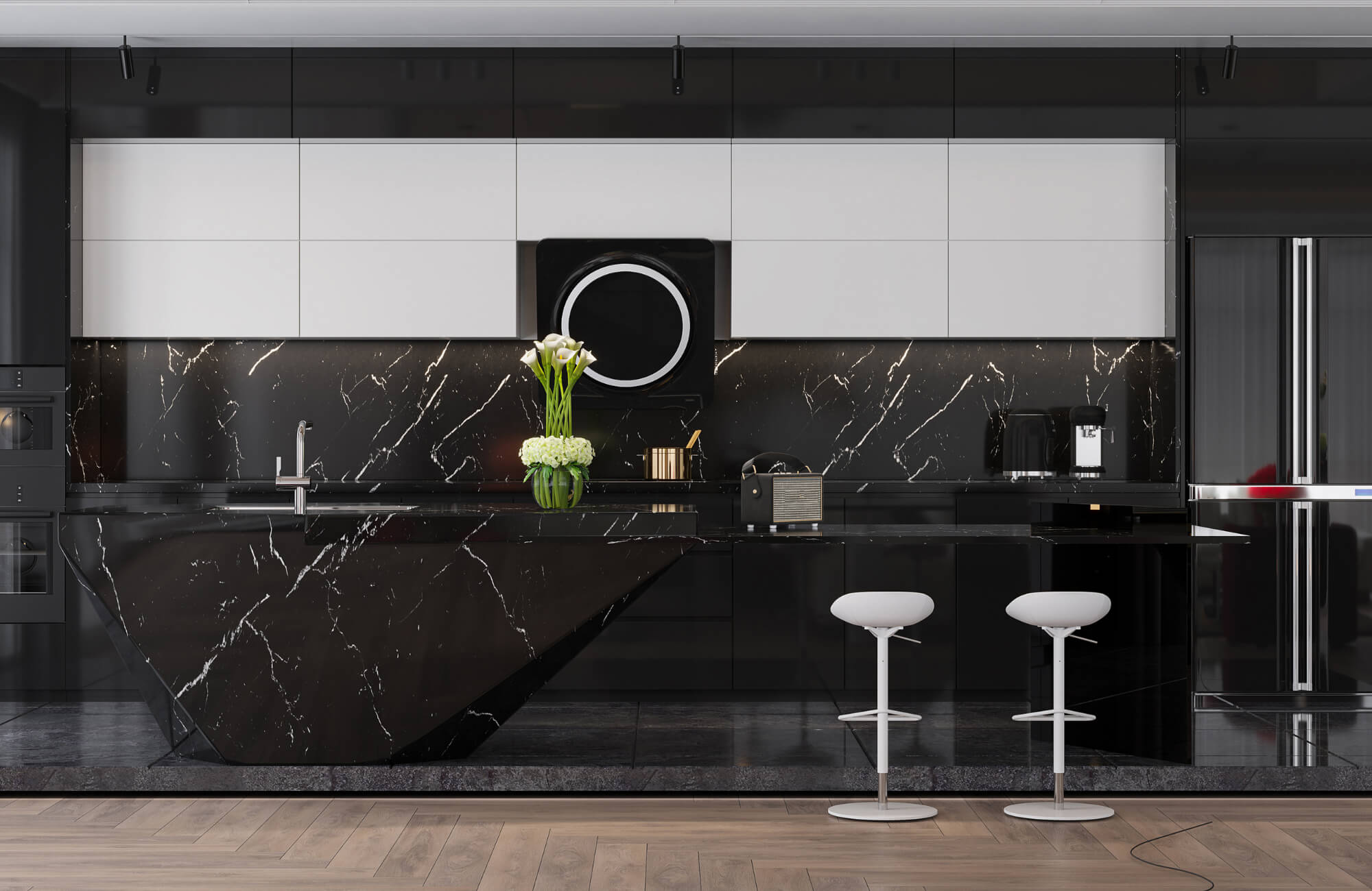 Modern kitchen with black marble look tiles on the backsplash and island, paired with white upper cabinets and sleek decor accents.