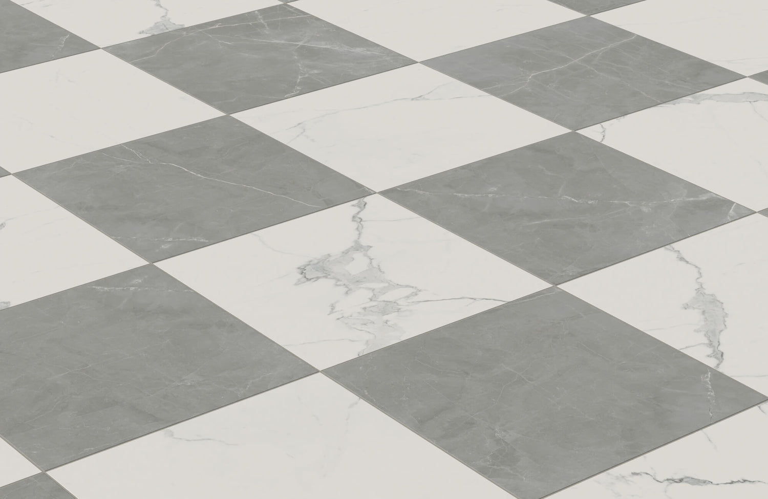 Elegant checkerboard marble tiles in alternating cool gray and white with subtle veining, offering a timeless, high-end look.