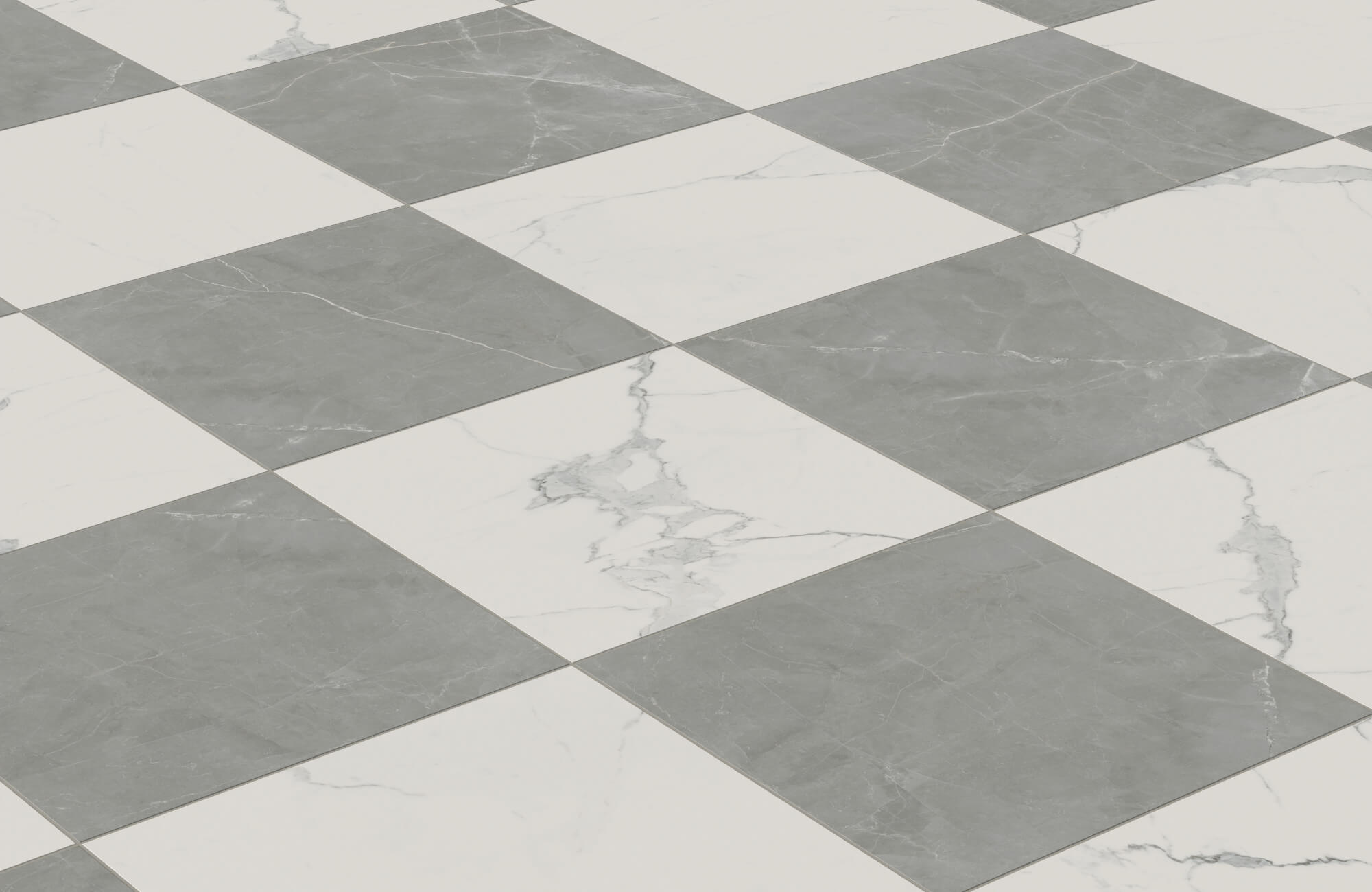 Elegant checkerboard marble tiles in alternating cool gray and white with subtle veining, offering a timeless, high-end look.