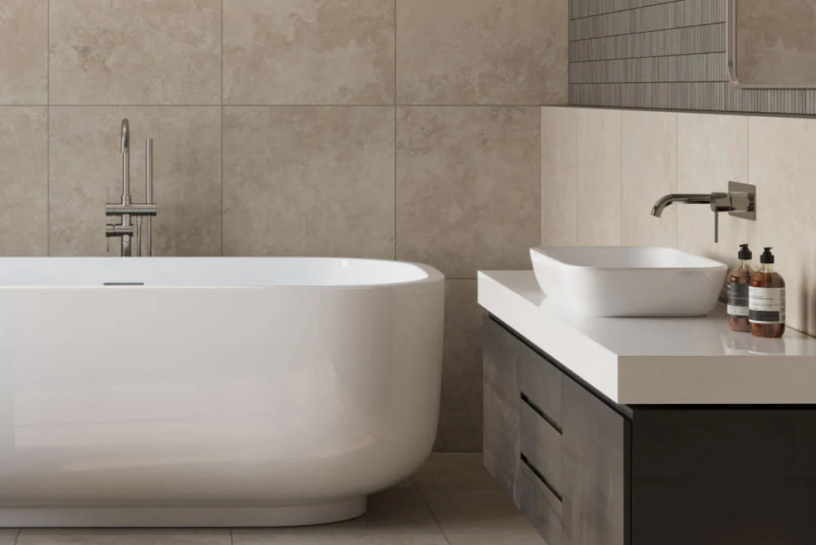 Beige Bathroom Tiles lend a soft, natural elegance to a serene bathroom atmosphere.