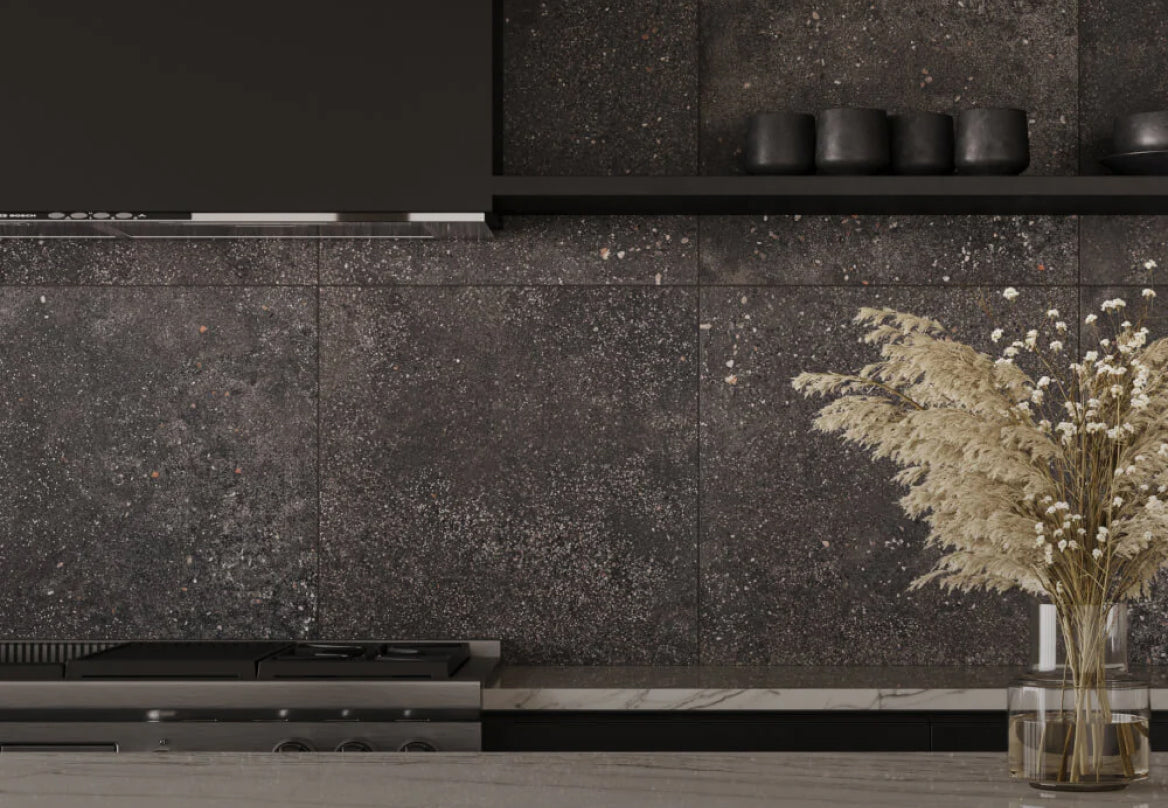 Sleek terrazzo look Black Kitchen Tile in a luxe contemporary kitchen setting.