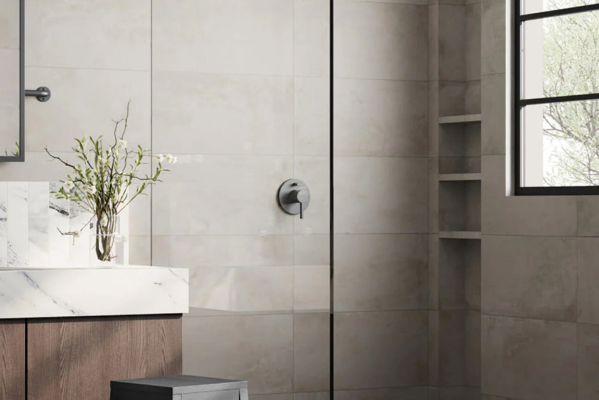 Dark Grey Bathroom Tiles impart a sleek, sophisticated depth to a modern bathroom layout.