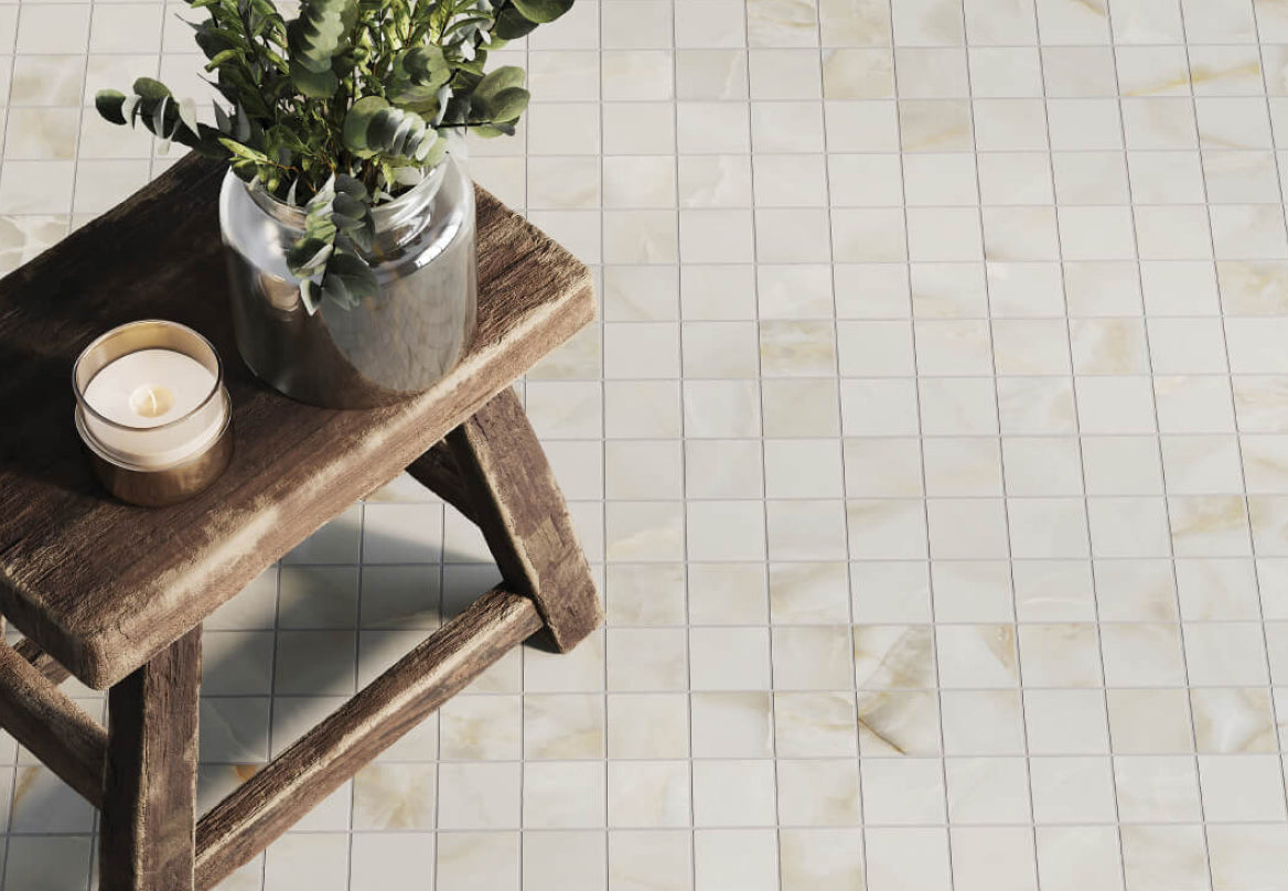 Elegant onyx-look tiles with subtle golden veining, perfect for a luxurious touch