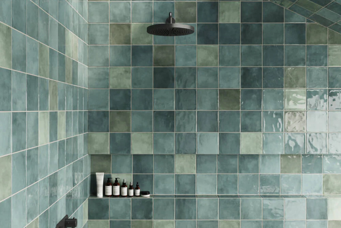 Green Bathroom Tiles introduce a refreshing, calming effect to a contemporary bathroom design.
