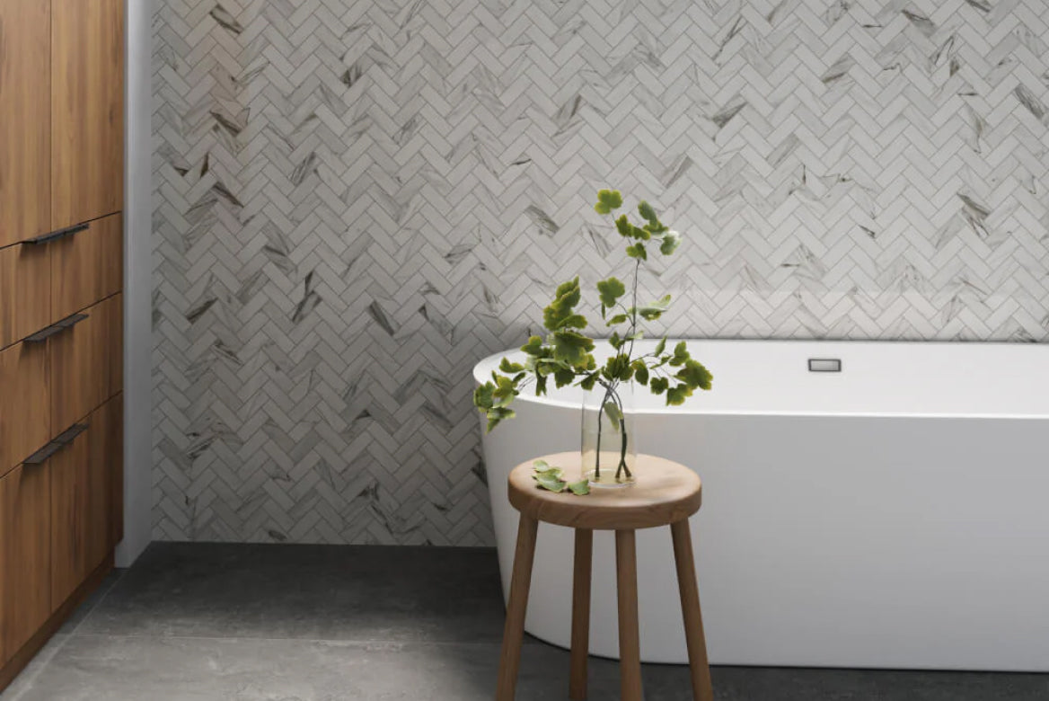 Light Grey Bathroom Tiles create a bright, airy feel in a minimalist bathroom design.