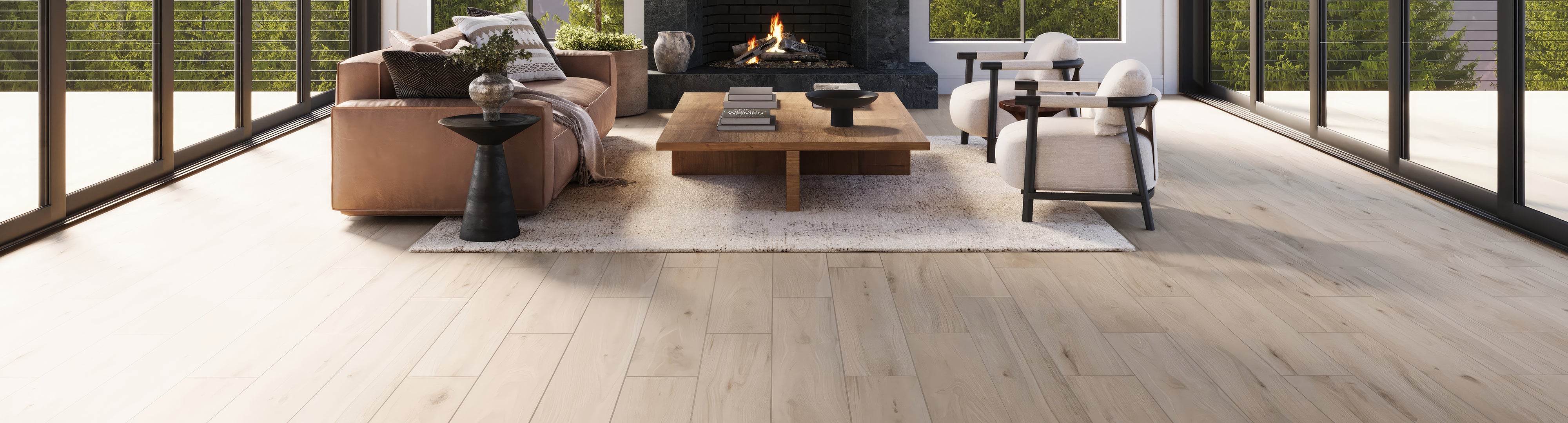 Lavish living area showcasing the elegance of Preston's 8x48 porcelain plank tile in White Oak, beautifully complementing the room's upscale design.