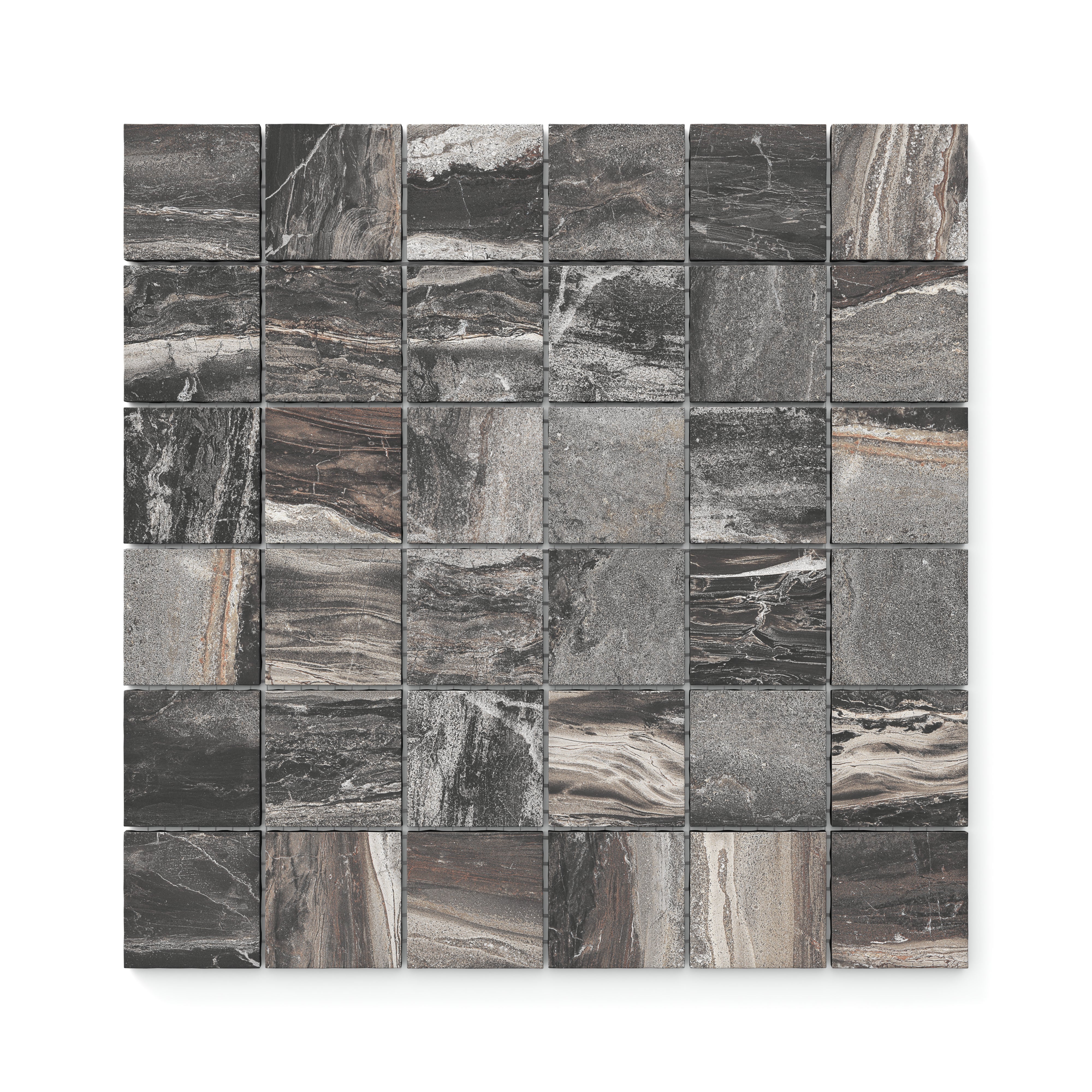 A grid of Harley Graphite 2x2 matte tiles, showcasing bold dark grey and brown shades accented by dynamic veining patterns for a contemporary aesthetic.