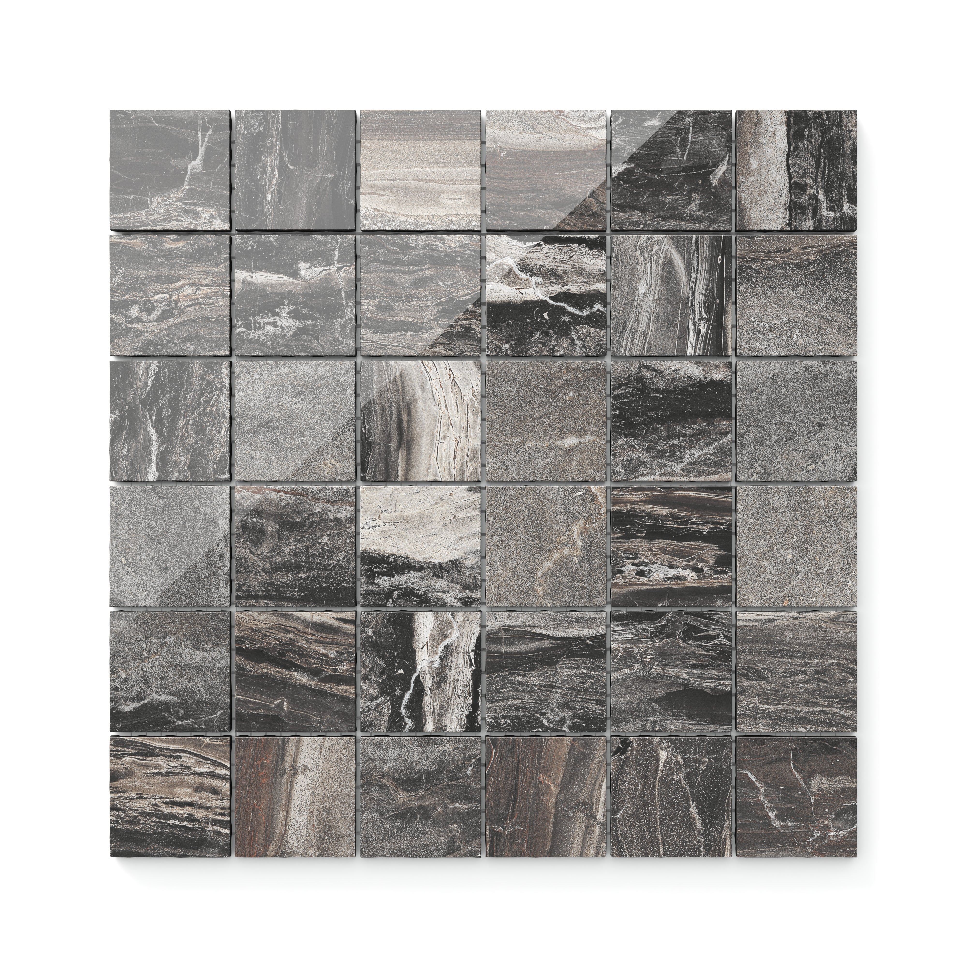 The brown 2x2 polished mosaic tiles, highlighted by dramatic veining and unique textures, offer a stunning, upscale appearance perfect for elevating any room.