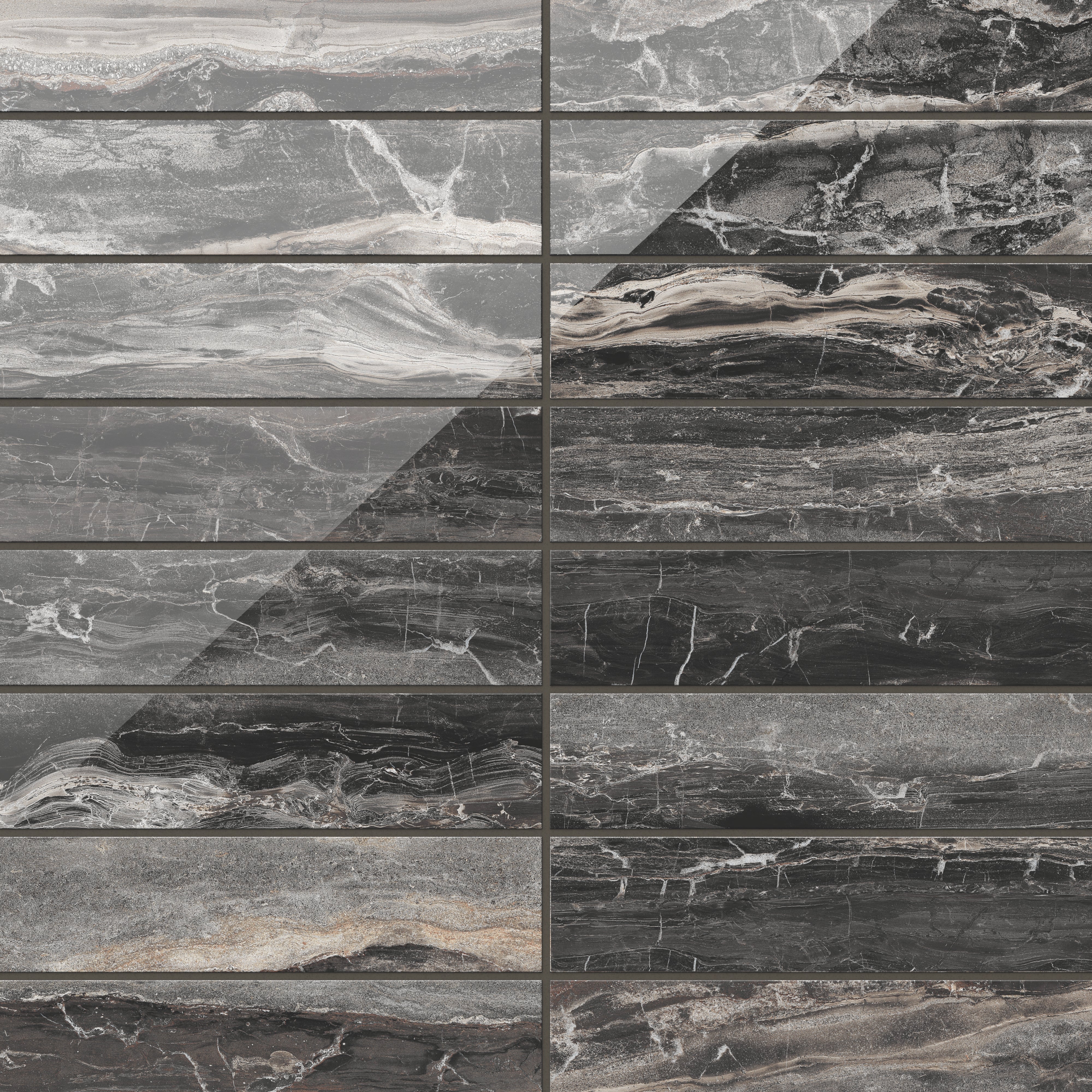 The rich brown 3x12 polished tiles, with dramatic veining in contrasting light and dark shades, provide a luxurious, eye-catching aesthetic perfect for modern spaces.