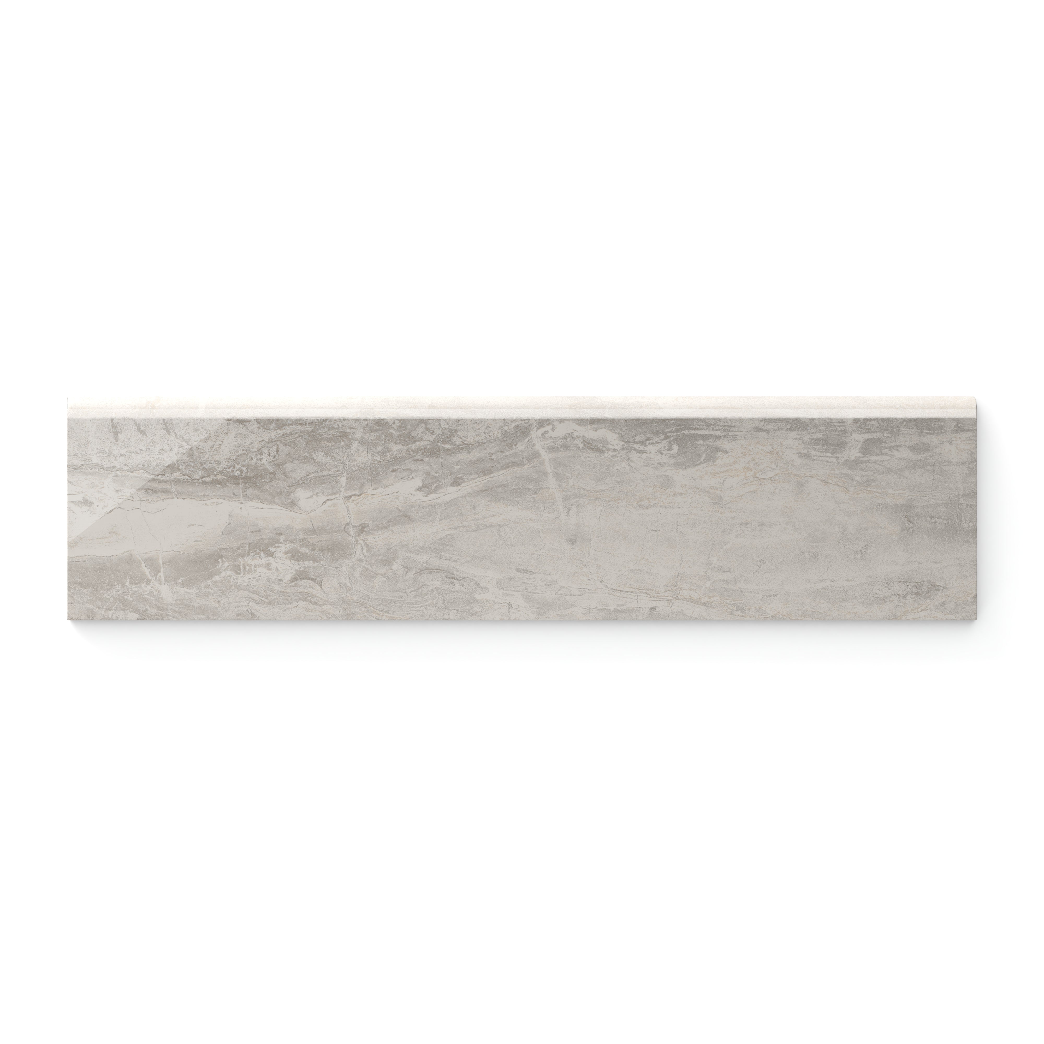 A detailed look of Harley Greige 3x12 polished bullnose tile showcasing soft beige and taupe tones and subtle veining, perfect for achieving a seamless, sophisticated edge finish.
