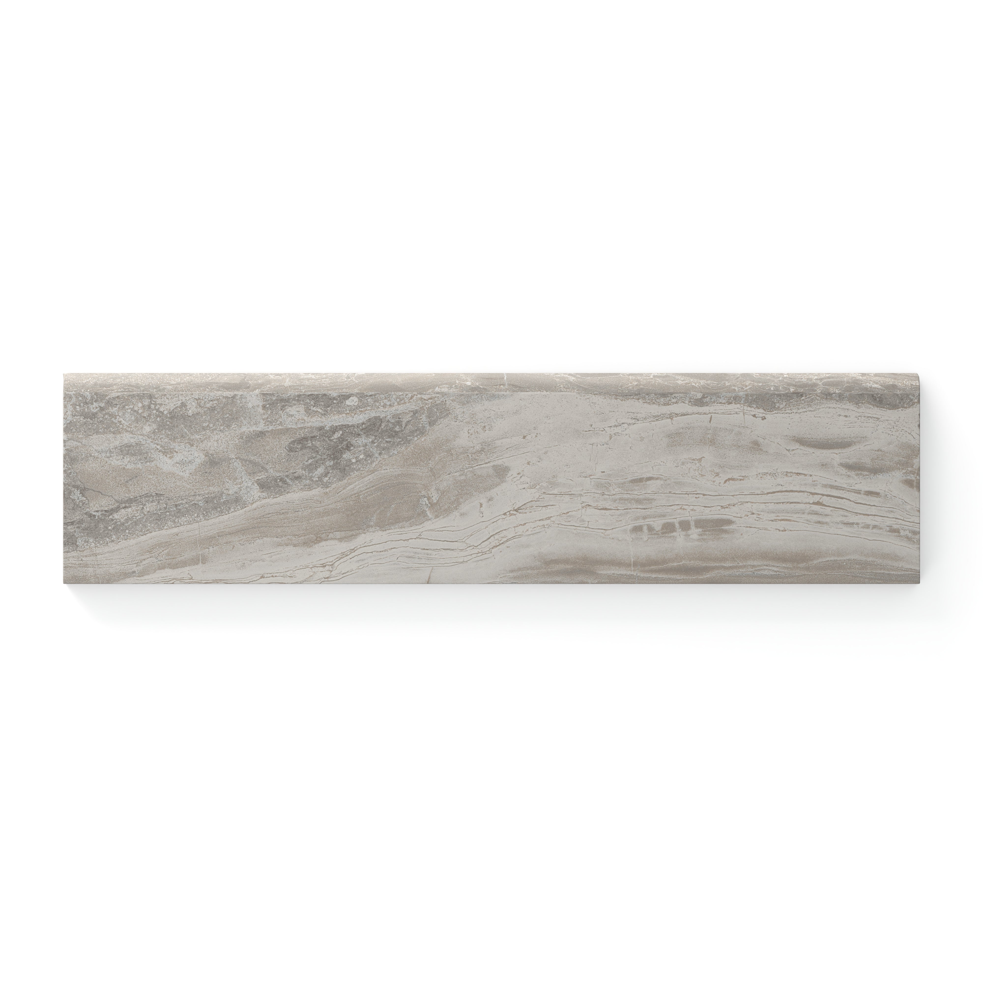 Harley Taupe 3x12 bullnose matte tile featuring soft taupe tones and natural veining, ideal for a seamless and refined edge in modern designs.