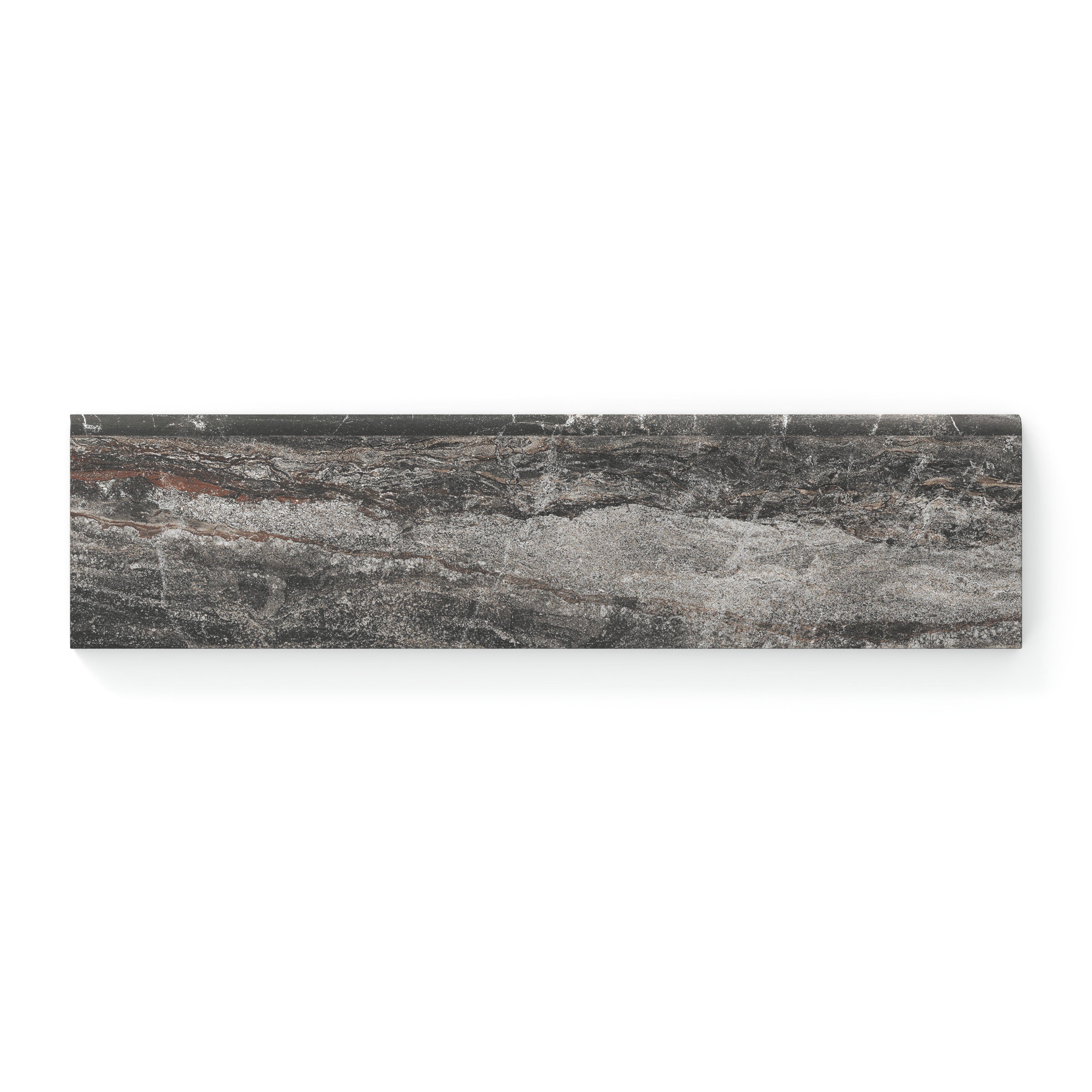 3x12 bullnose tile featuring a matte finish and dark grey and brown hues and dramatic natural veining, ideal for creating bold and refined edge detailing.