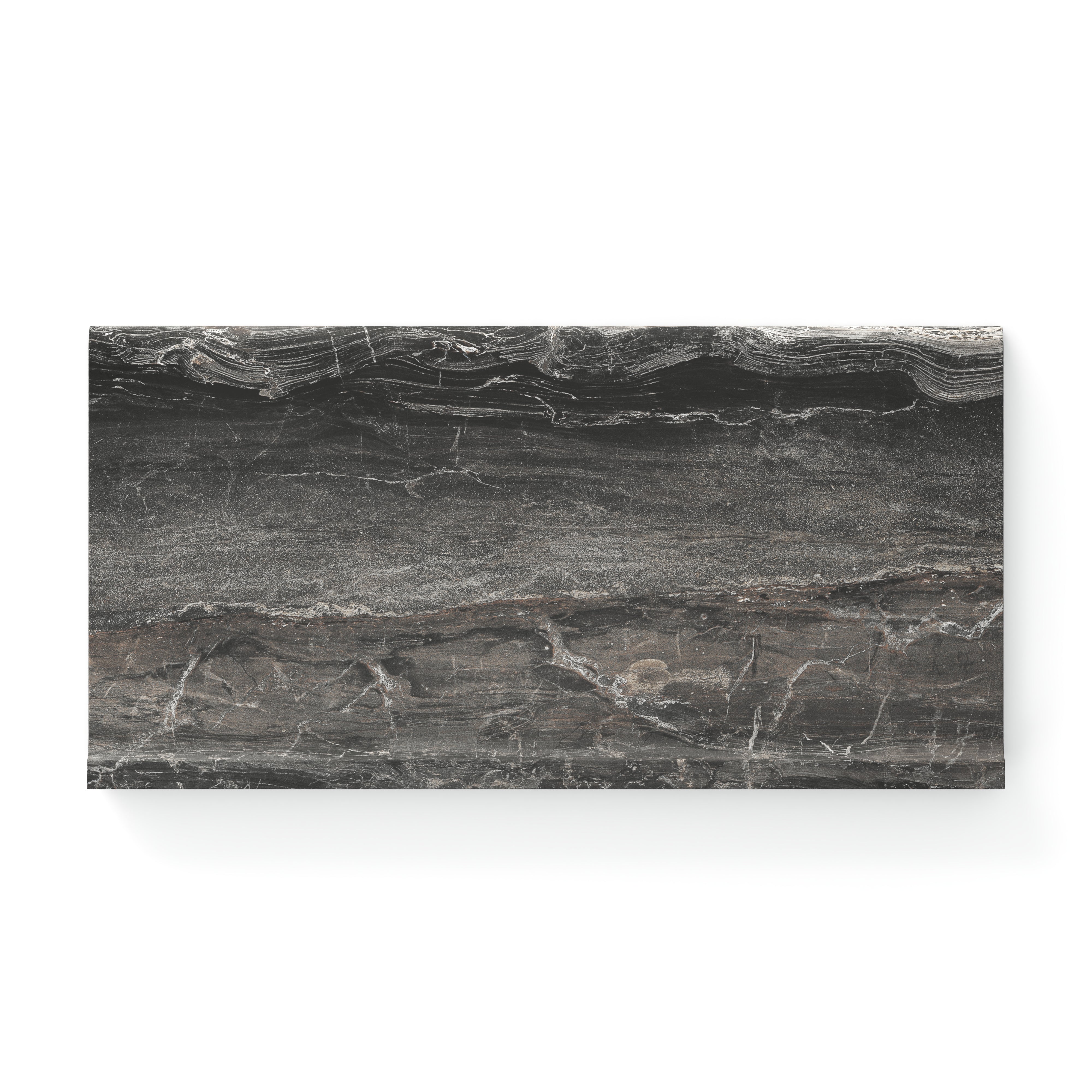 arley Graphite 6x12 cove base matte tile featuring dark grey and brown tones with striking natural veining, perfect for adding bold sophistication to any space.