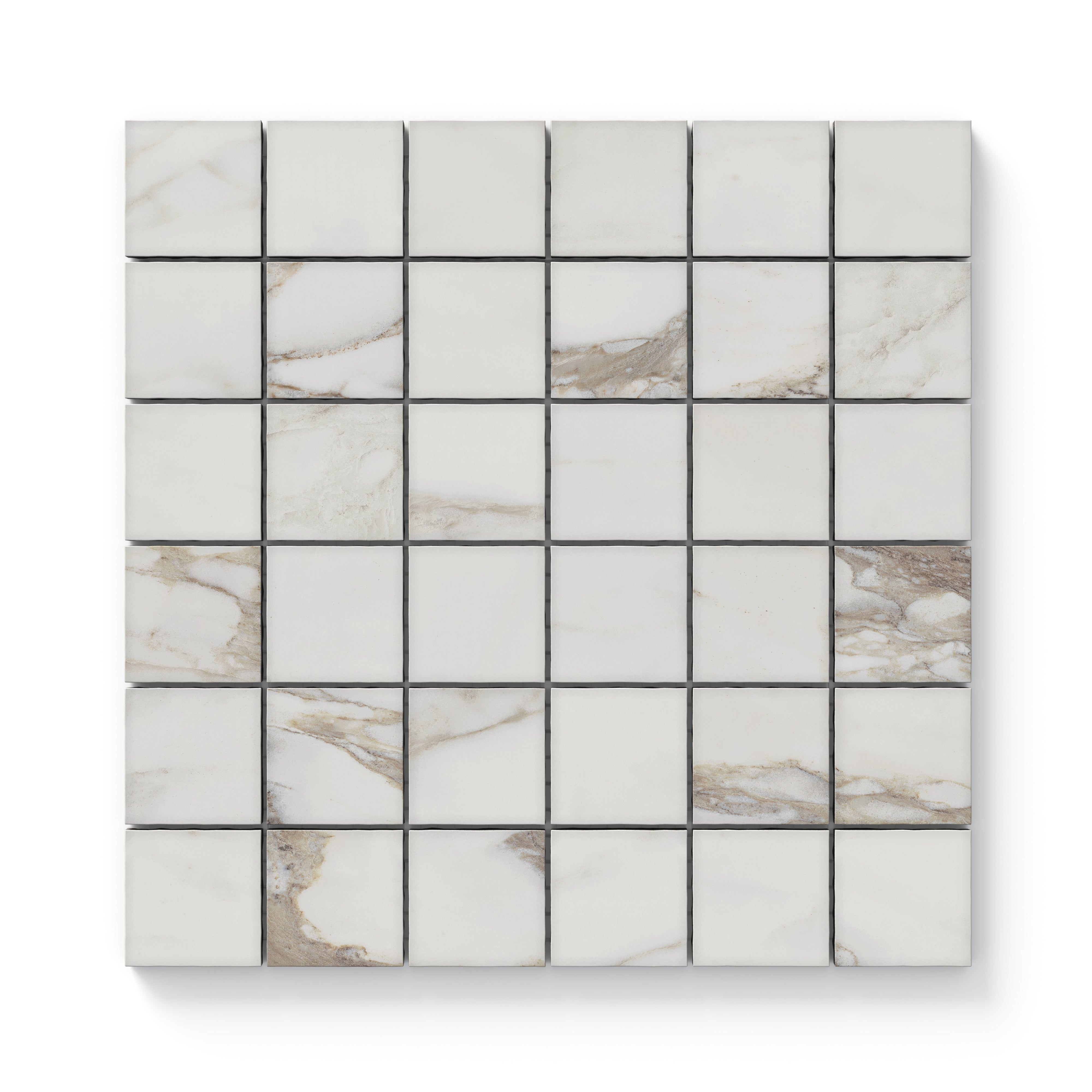 Matte mosaic tiles in taupe with a 2x2 grid, showcasing warm golden veining on a soft white base, perfect for adding a touch of elegance to any space.