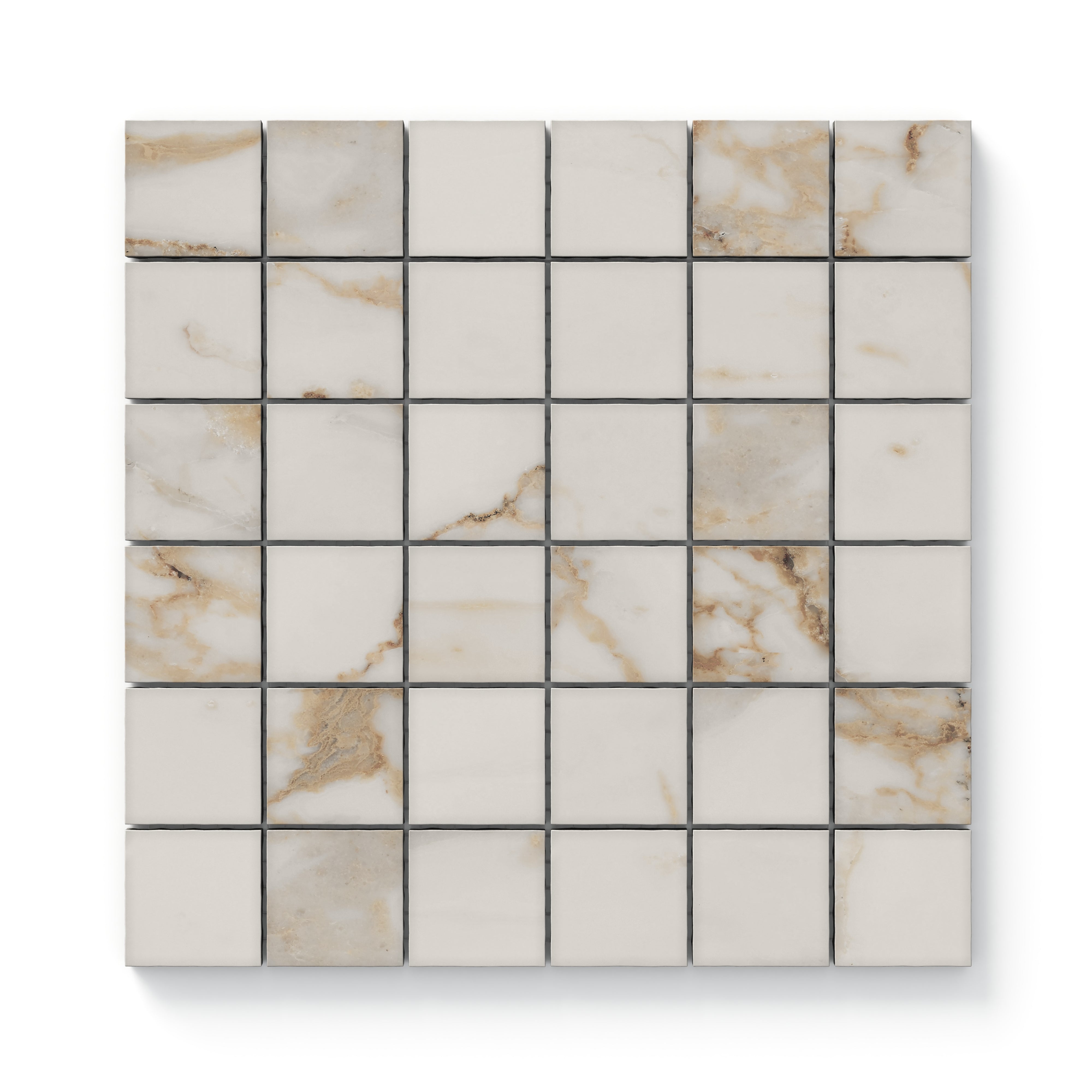 Calacatta Gold matte mosaic tiles in a 2x2 grid, featuring rich golden veining on a creamy white base, ideal for adding timeless elegance.