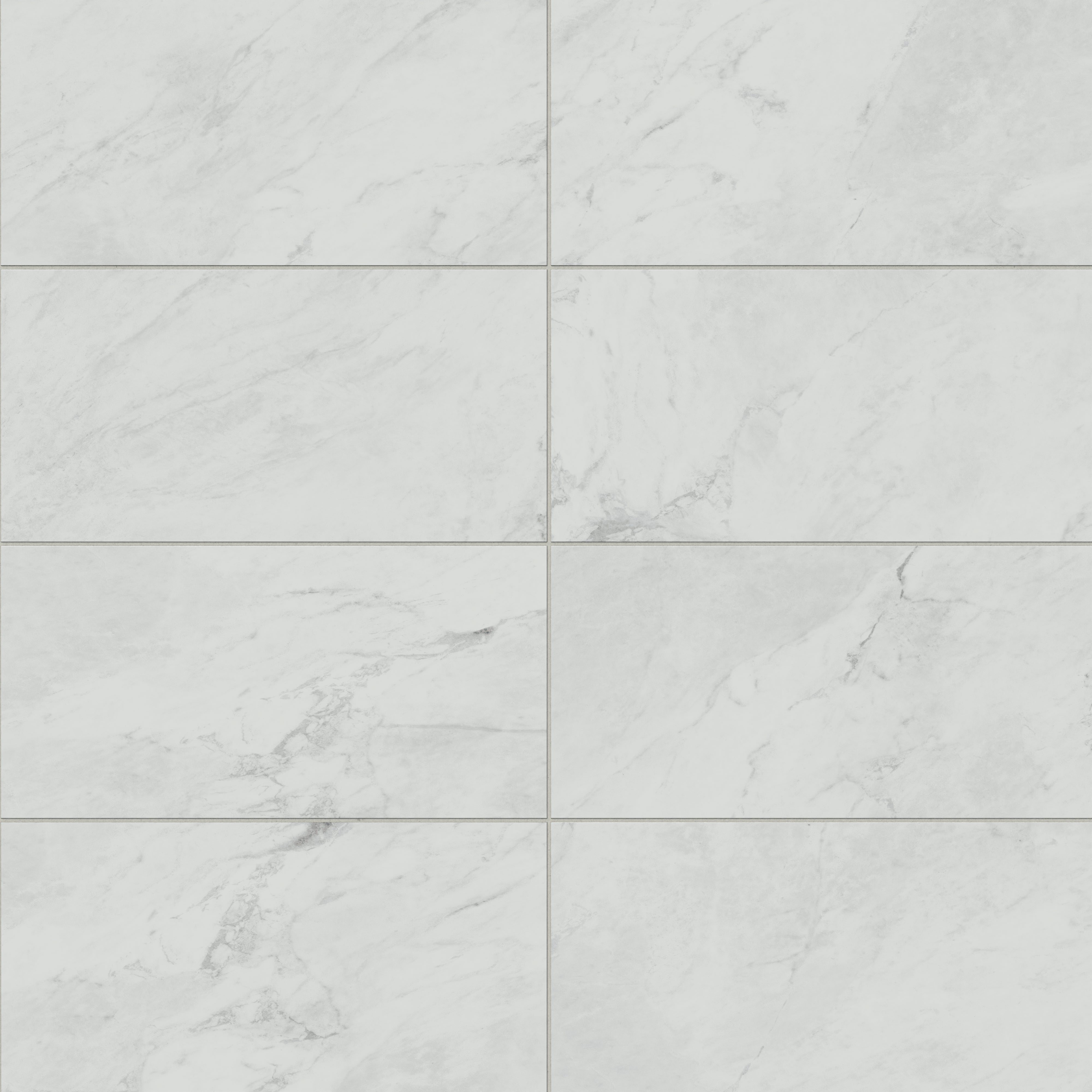 12x24 matte porcelain tiles showcasing soft white and grey marble look veining, perfect for creating a timeless, elegant look.