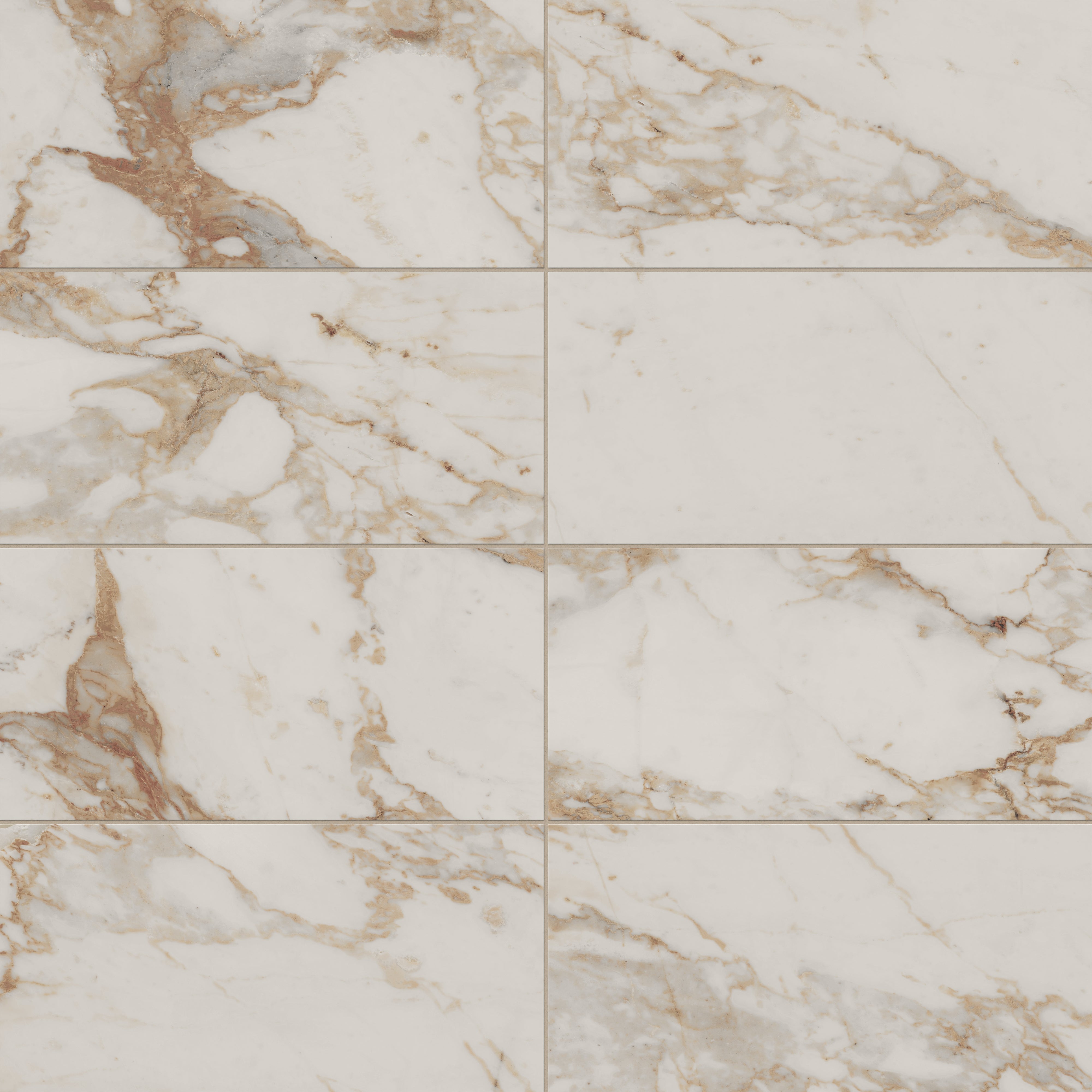 Calacatta Gold matte porcelain tiles in beige with 12x24 size, showcasing bold golden and grey veining on a creamy white surface, radiating luxury and sophistication.