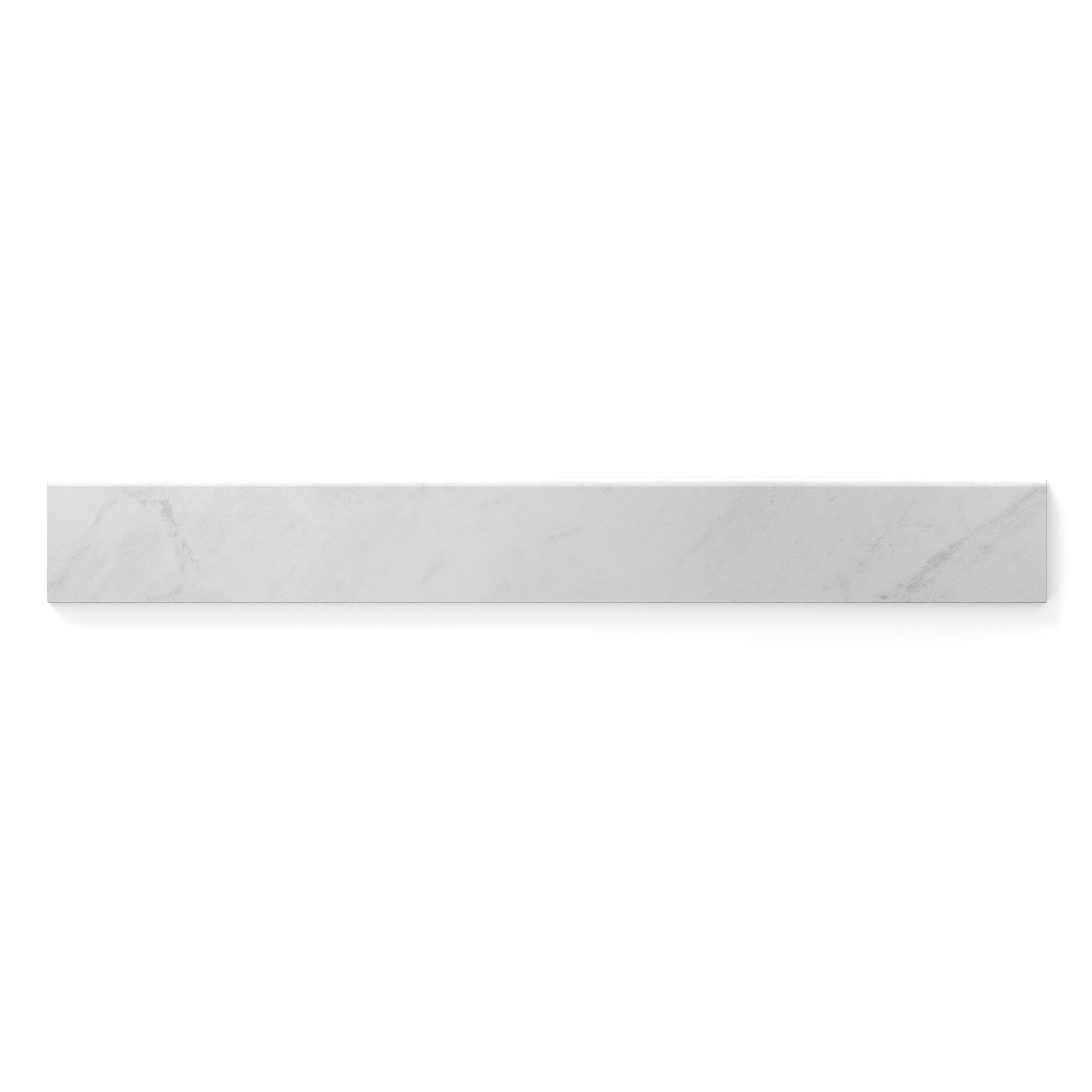 Alaska Glacier matte bullnose trim tile in a 3x24 size, featuring soft white and grey marble veining for a seamless, polished finish.