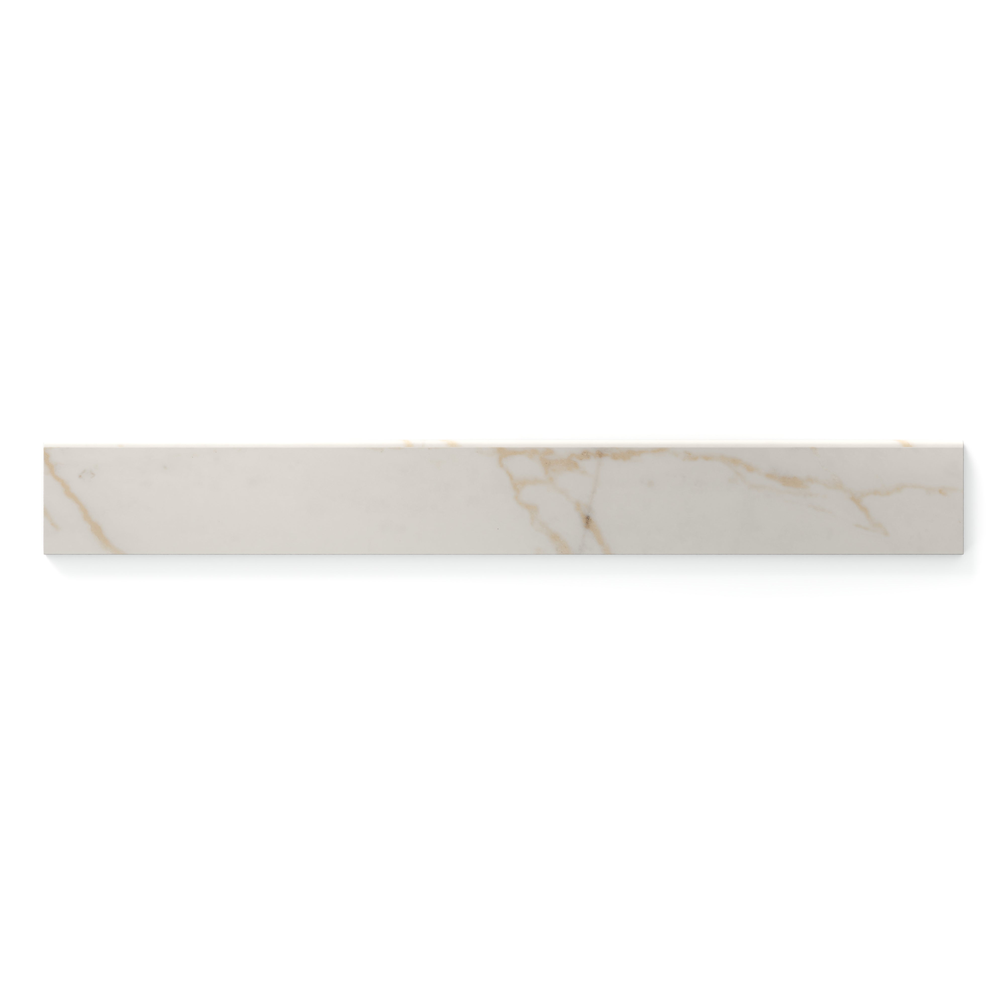 The 3x24 Calacatta Gold matte bullnose tile features a creamy white base with striking golden veining, making it the perfect choice for a smooth, elegant edge detail that enhances any design.