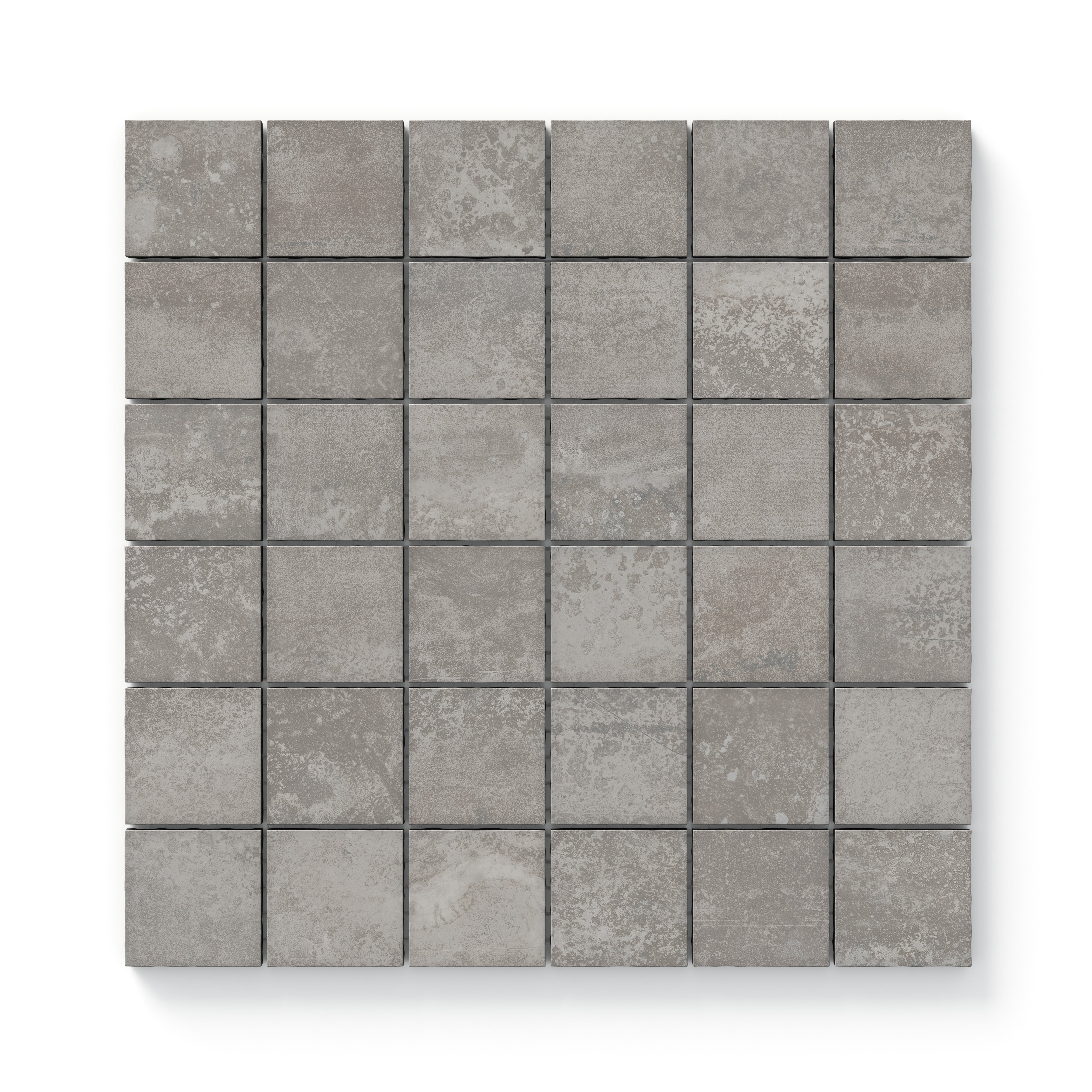Matte 2x2 gray mosaic tiles featuring a natural stone-like texture, ideal for creating modern and industrial-inspired spaces