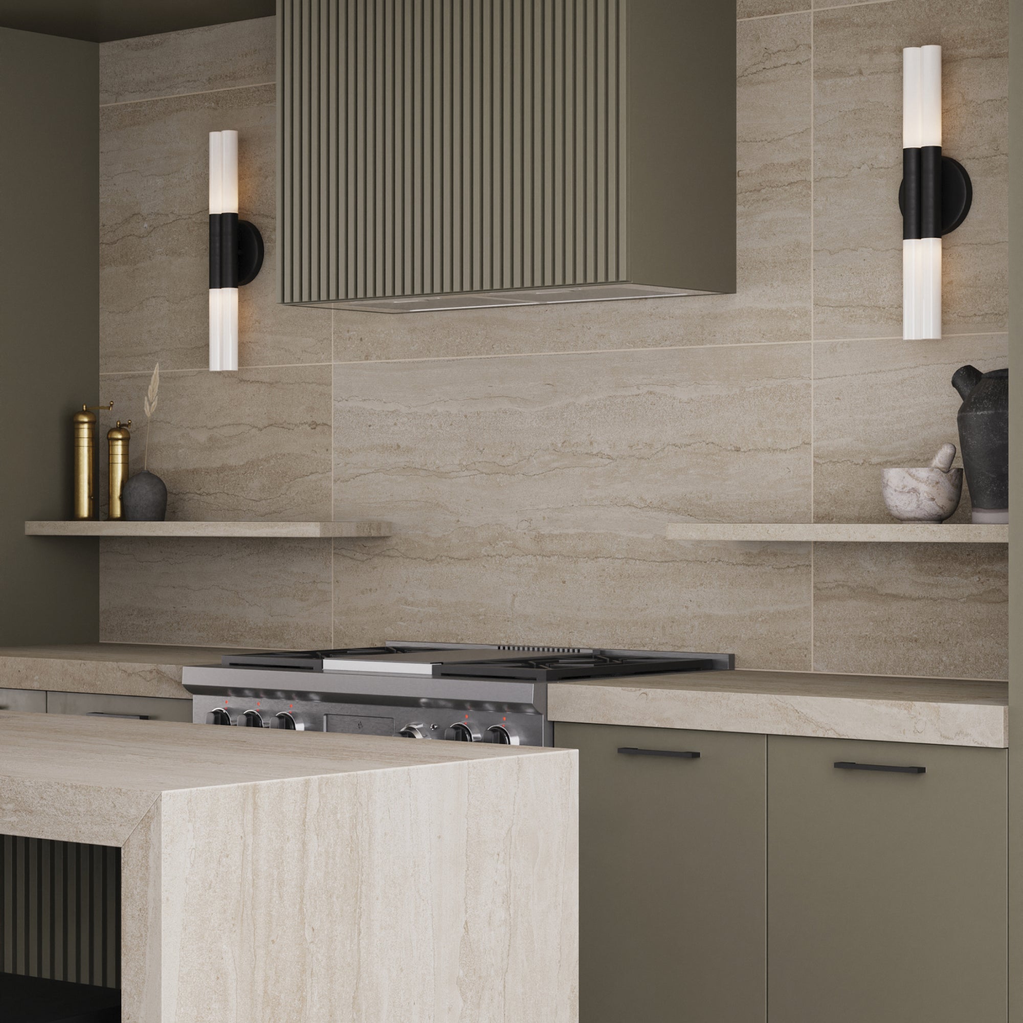 A luxurious, modern kitchen boasting walls adorned with Tatum 24x48 Matte Porcelain Tile in Vein-Cut Sand. The tile's refined textures and neutral tones create a stunning backdrop, elegantly complementing the contemporary design elements and fixtures. The meticulously crafted tiles turn the kitchen into a masterpiece of style and sophistication, where every culinary creation is inspired by the surrounding beauty.