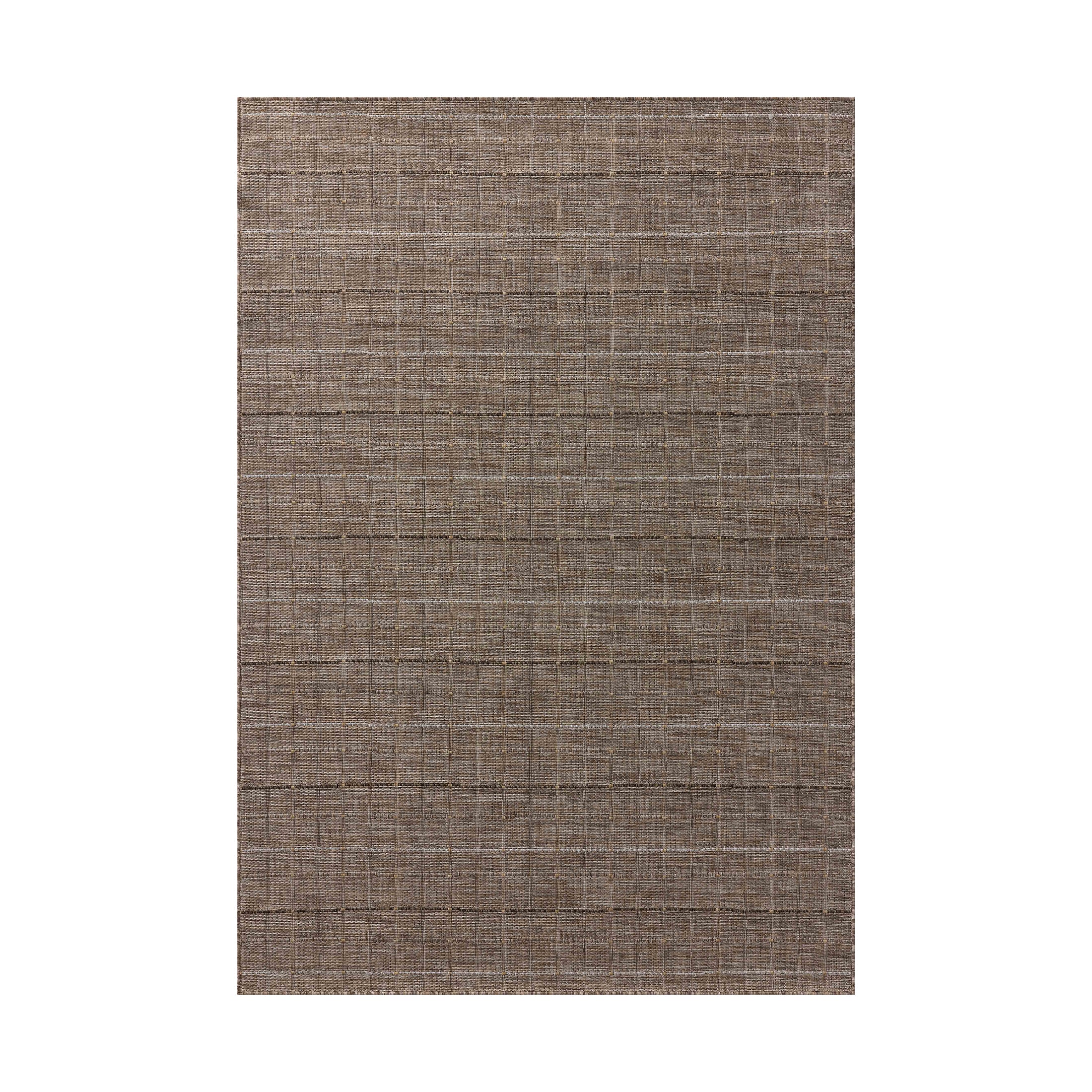 Textured woven rug design with fine linear strokes in layered brown tones, accented by subtle light gray and dark brown lines that form a soft, hand-drawn grid pattern with natural depth and movement.