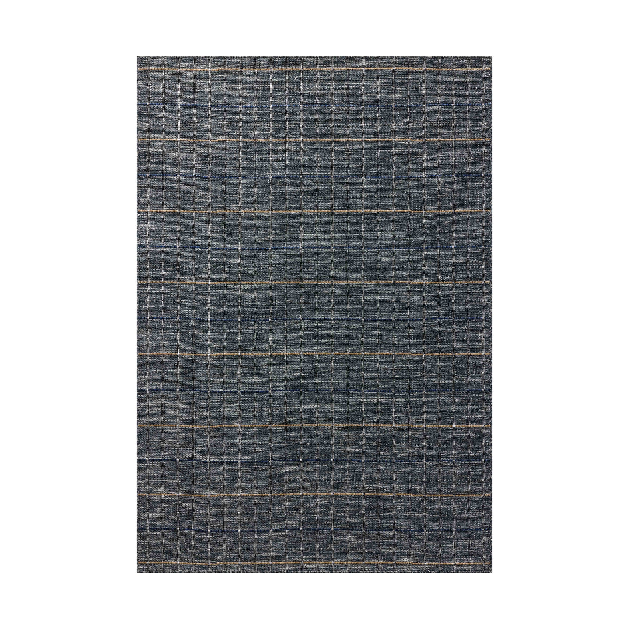 Textured woven rug design with a deep navy blue base, layered with fine beige and bright blue linear strokes that create a hand-drawn, grid-like pattern with subtle movement and visual depth.
