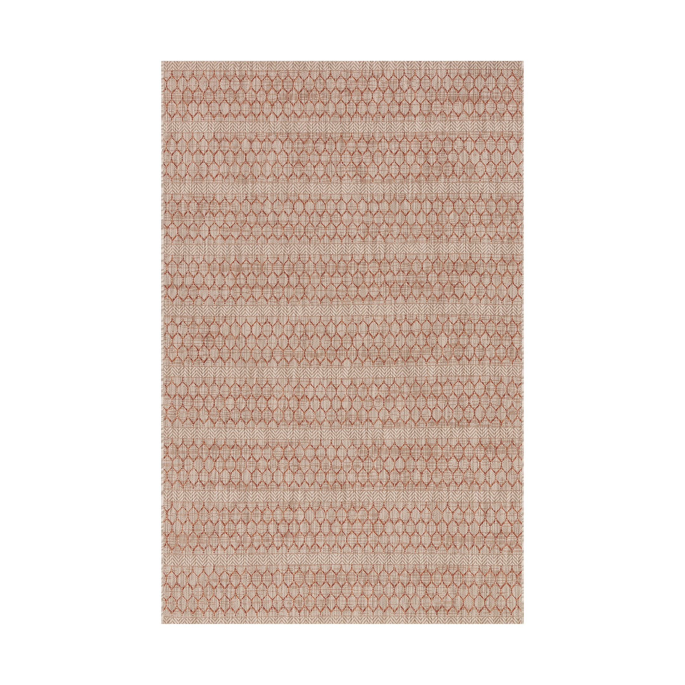 Indoor/Outdoor rug with beige, brown, and red-leaning tones, featuring a soft honeycomb pattern and horizontal stripe detailing for subtle visual texture.