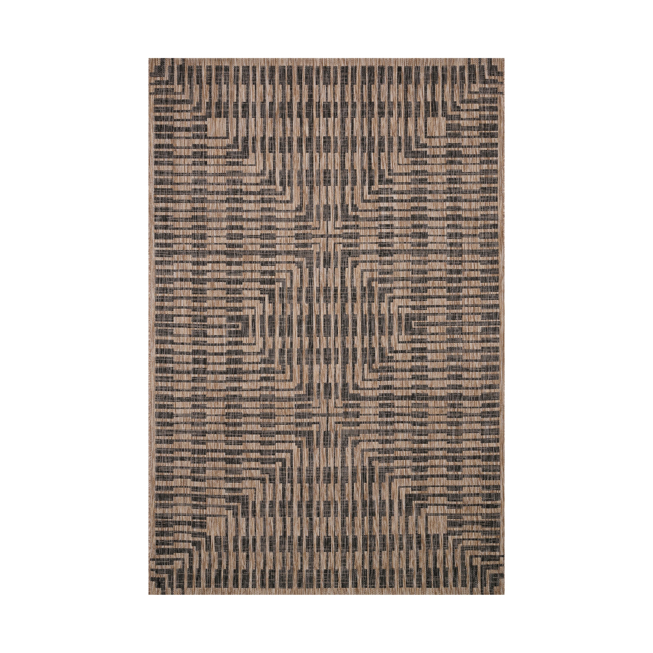Geometric indoor/outdoor rug with a dynamic optical pattern in black and brown tones, creating depth and movement through linear repetition.