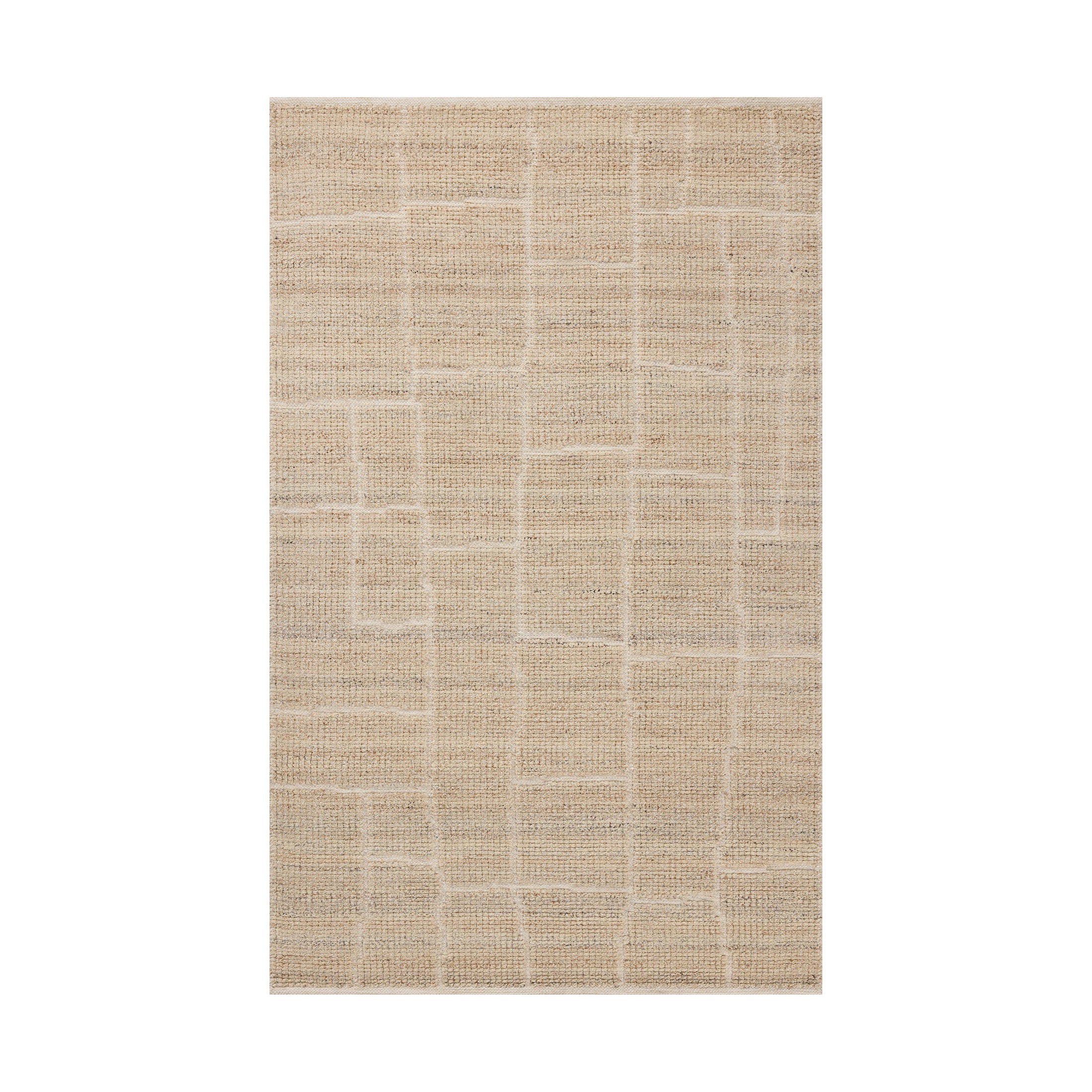 Hand-loomed from a GoodWeave-certified wool-cotton blend, this rug features a warm beige tone with abstract rectangular lines formed through a flattened weave.