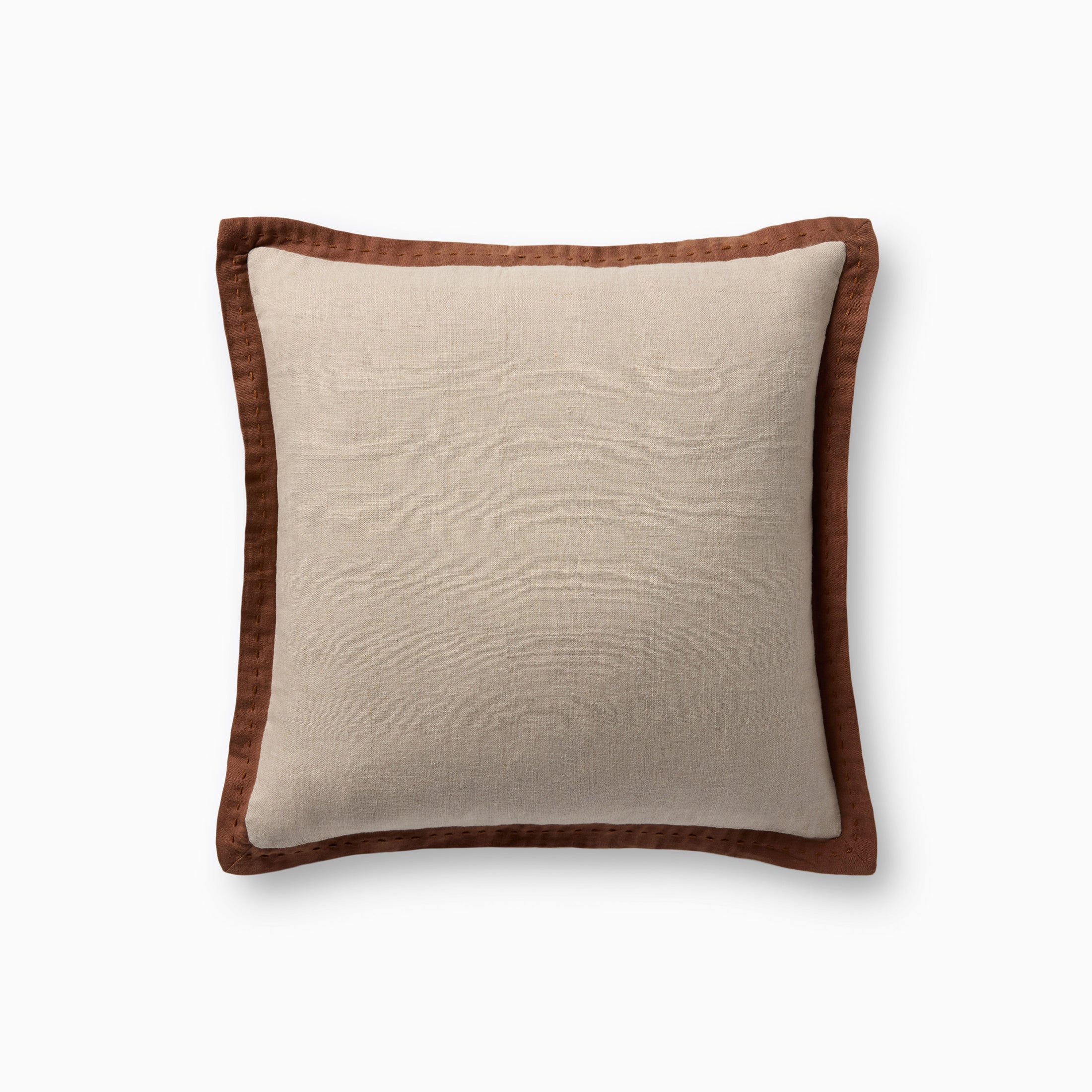 Brielle 18x18 pillow cover with airy beige linen fabric bordered by a brown cotton flange and decorative hand-stitched edging.