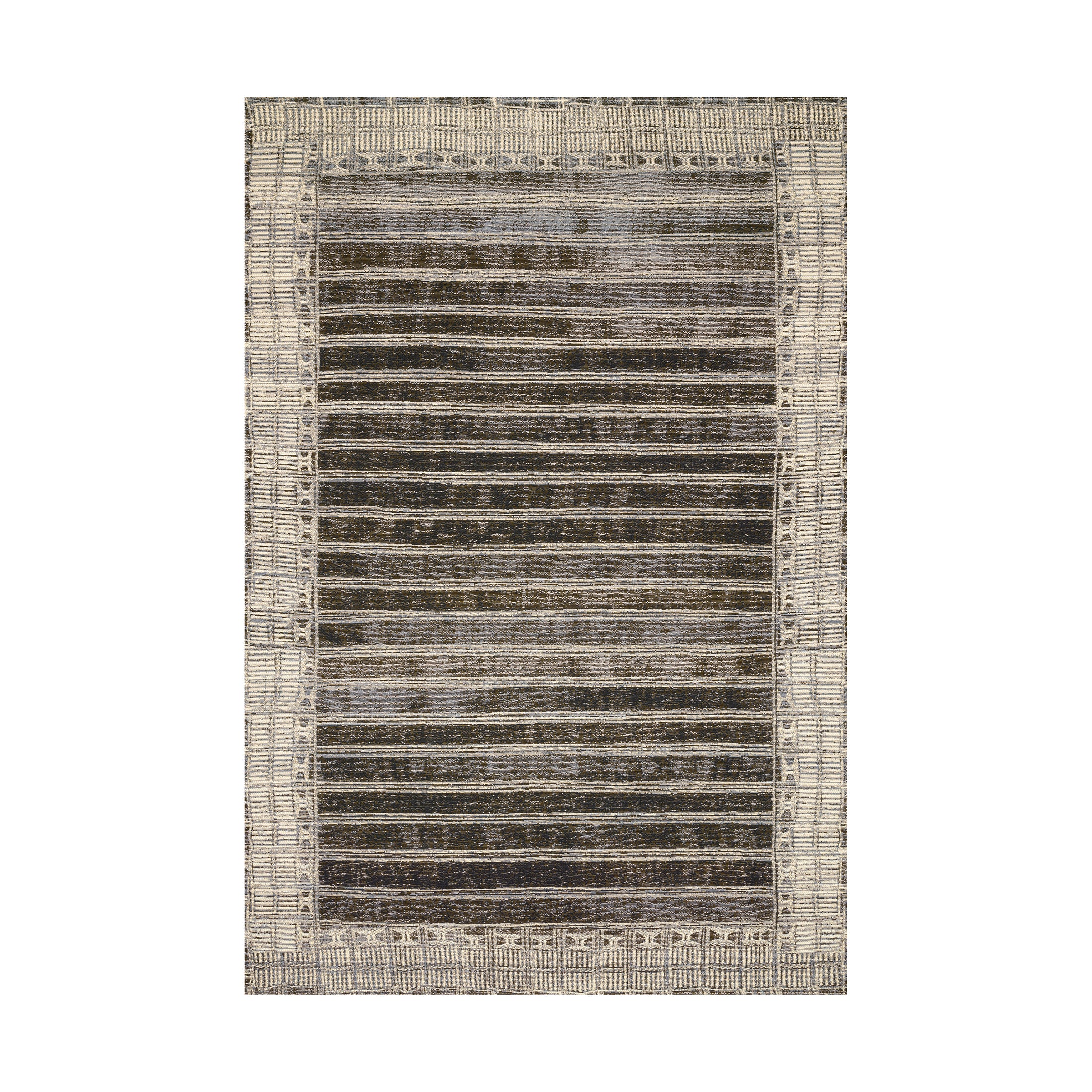 Rectangular area rug featuring a layered horizontal stripe pattern with subtle textural variation, framed by a decorative border in muted tones of dark gray, taupe, and beige for a refined, handcrafted look.