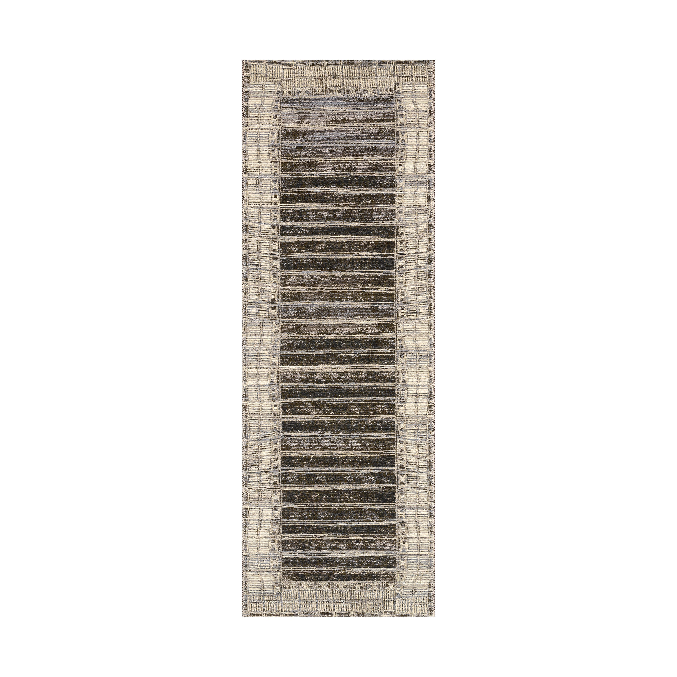 Long runner rug featuring layered horizontal stripes with subtle texture, bordered by a woven geometric frame in gray, taupe, and beige tones, designed for hallways or narrow spaces.