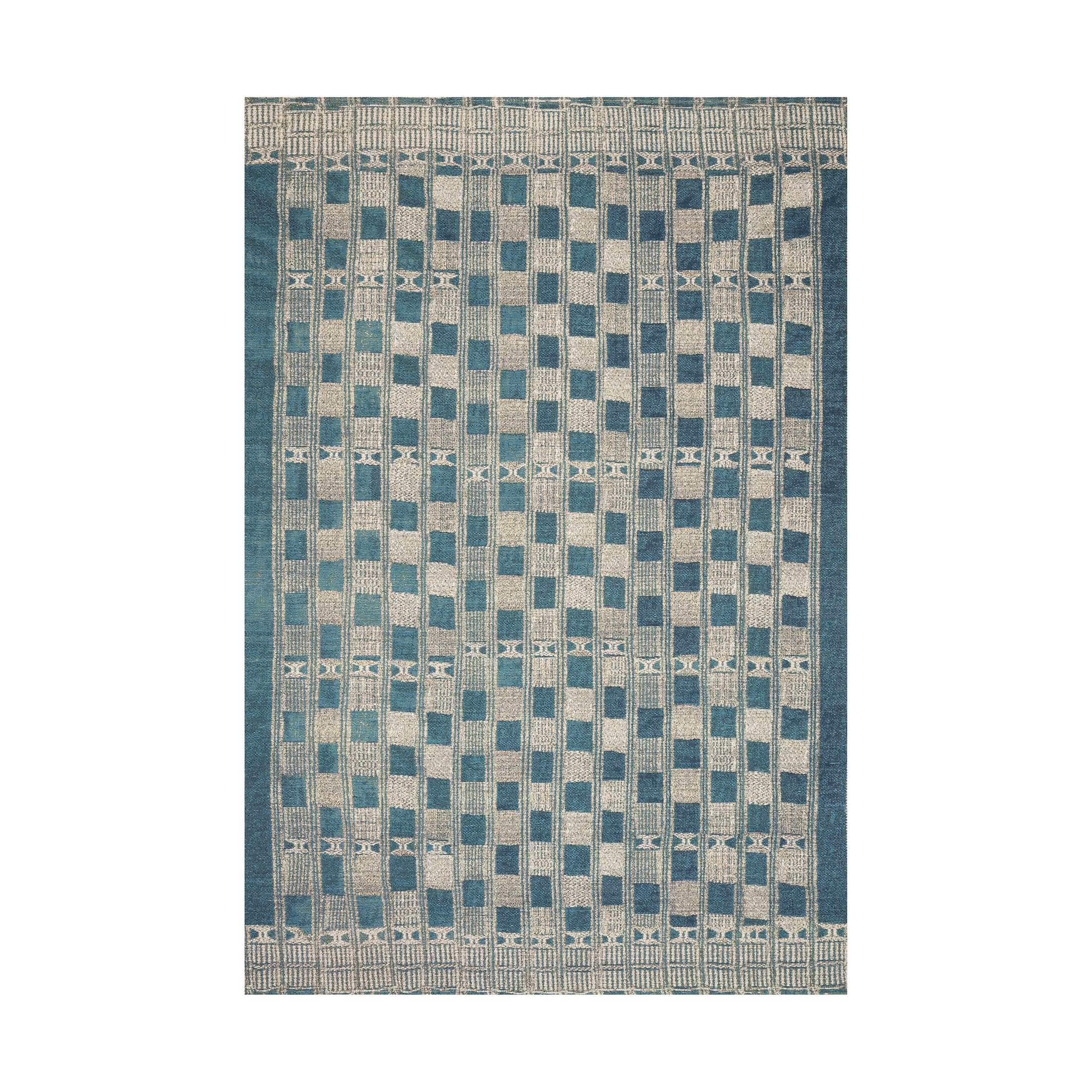 Rectangular area rug featuring a geometric checker pattern with vertical banding, woven in shades of blue-green and soft ivory for a textured, modern-meets-artisanal look.