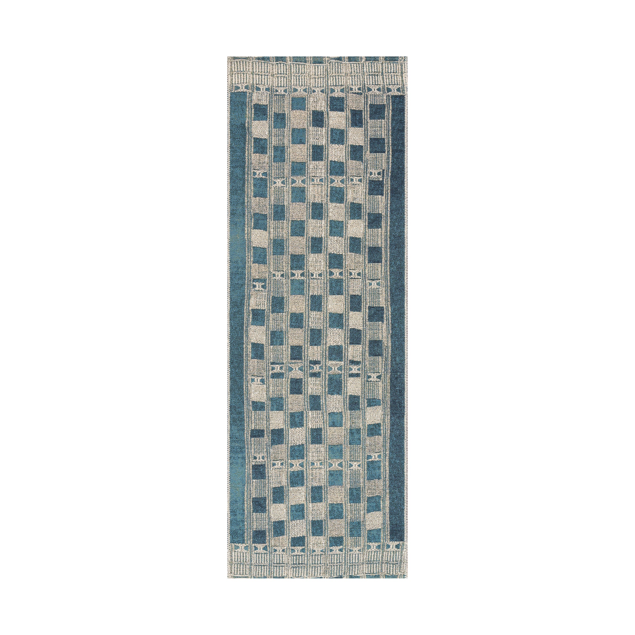Narrow runner rug featuring a geometric checker pattern with vertical banding, woven in shades of blue-green and soft ivory, offering a textured, elongated design ideal for hallways or entryways.