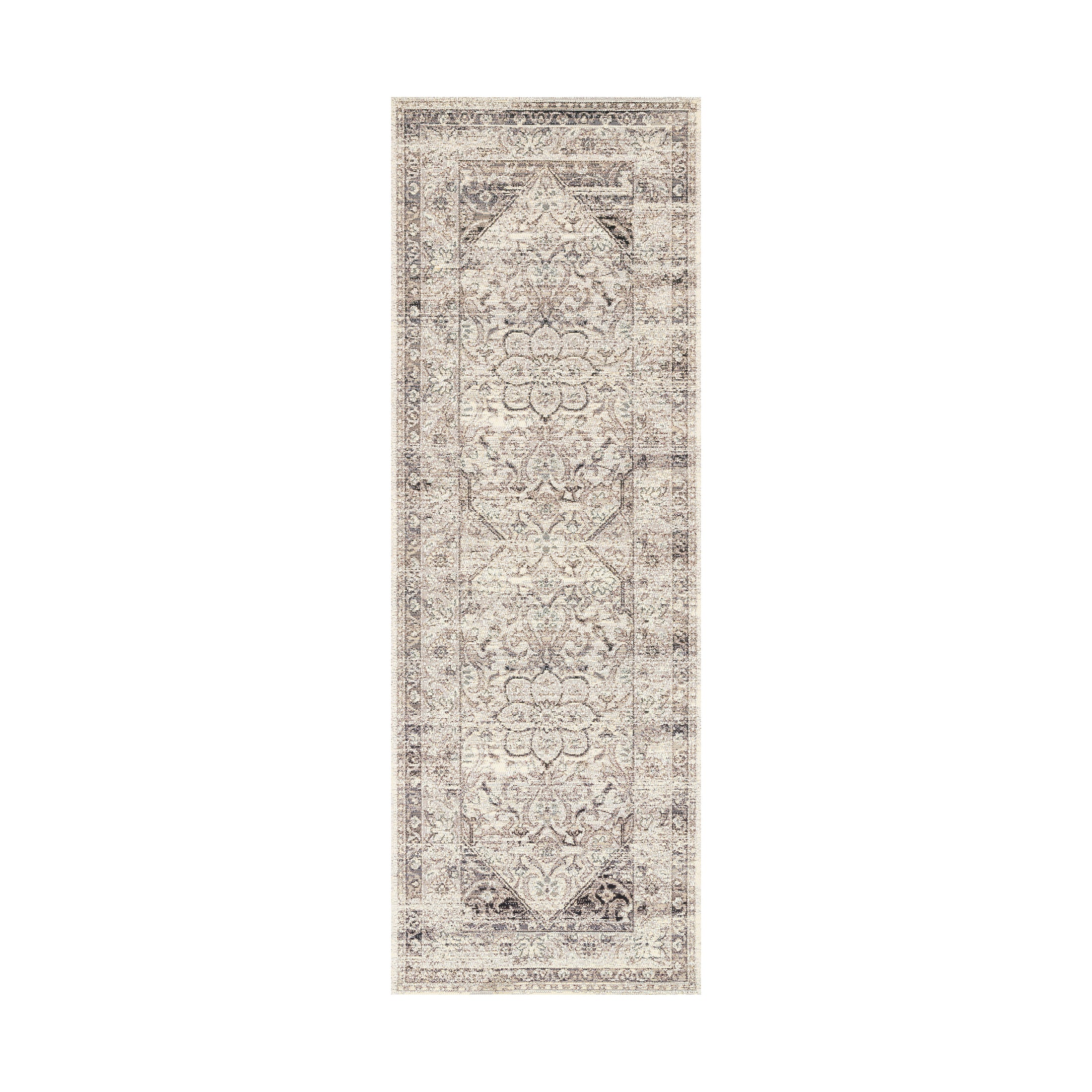 Narrow runner rug featuring a softly distressed vintage-style medallion pattern with layered borders, rendered in a muted neutral palette of ivory, beige, and gray for an elegant, timeworn appearance.