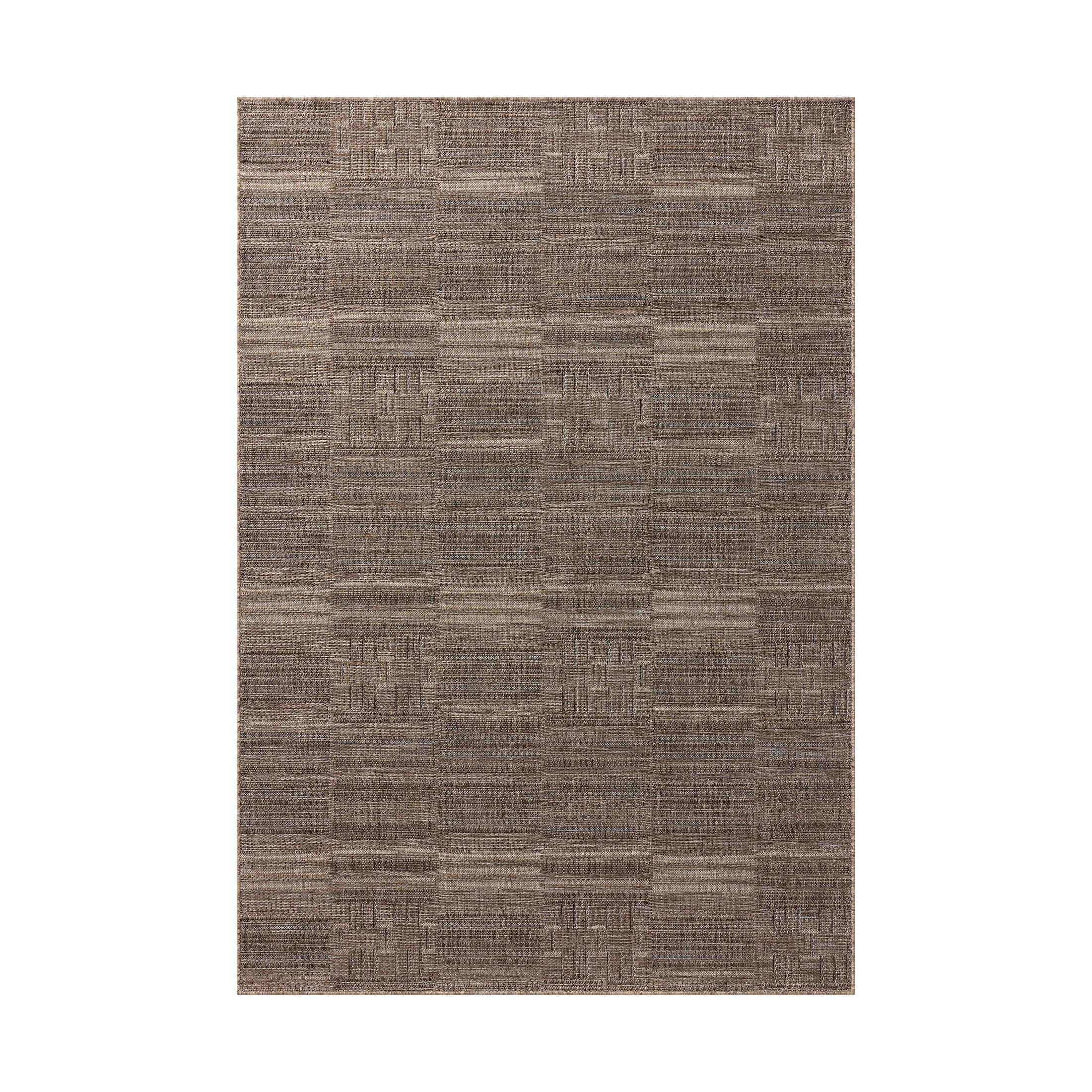 Geometric rug design with repeating block patterns and horizontal bands in soft beige and light brown, creating subtle texture and visual rhythm across the surface.