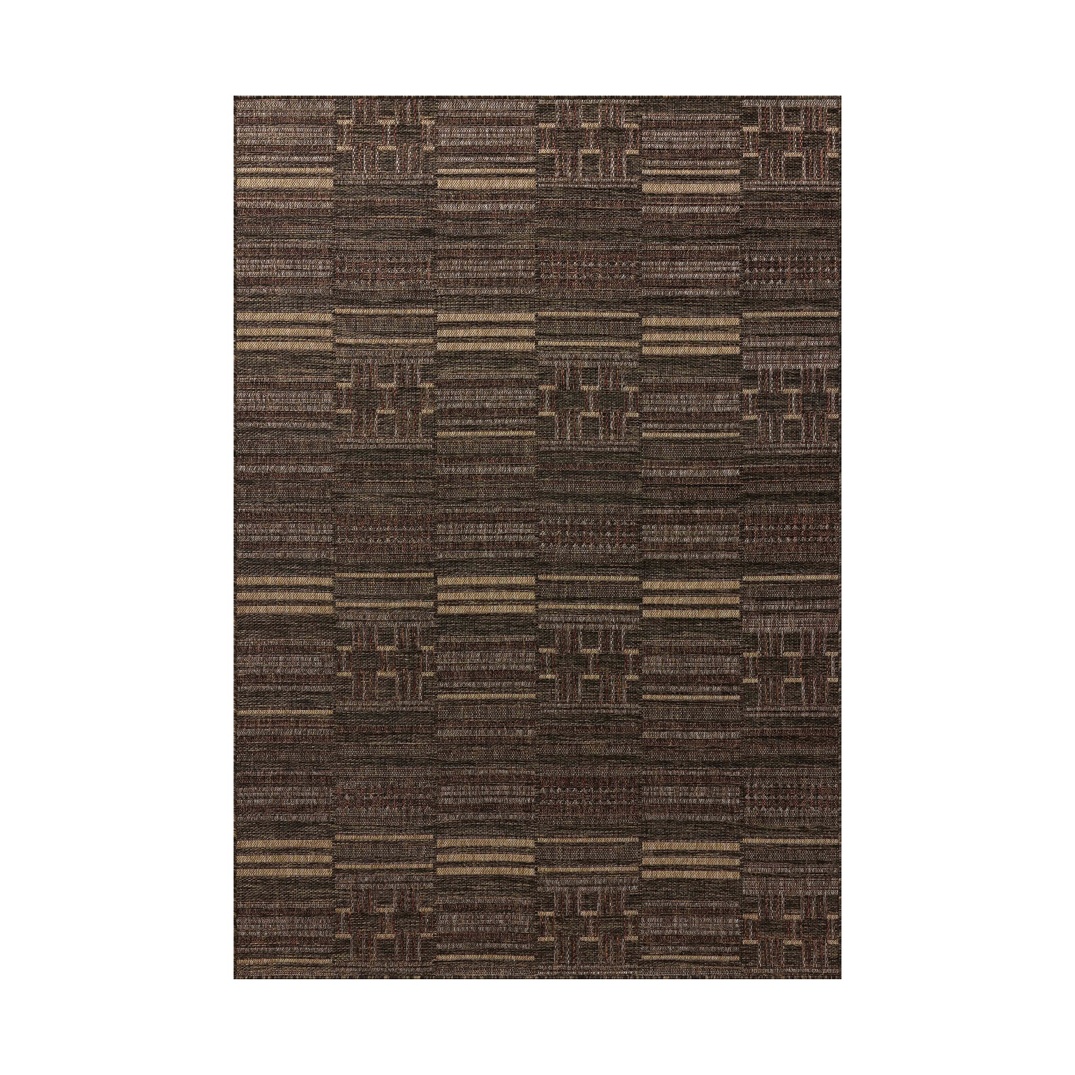 Geometric rug design with repeating block motifs and horizontal bands in layered dark and light brown tones, creating depth, texture, and a sense of rhythmic visual movement.