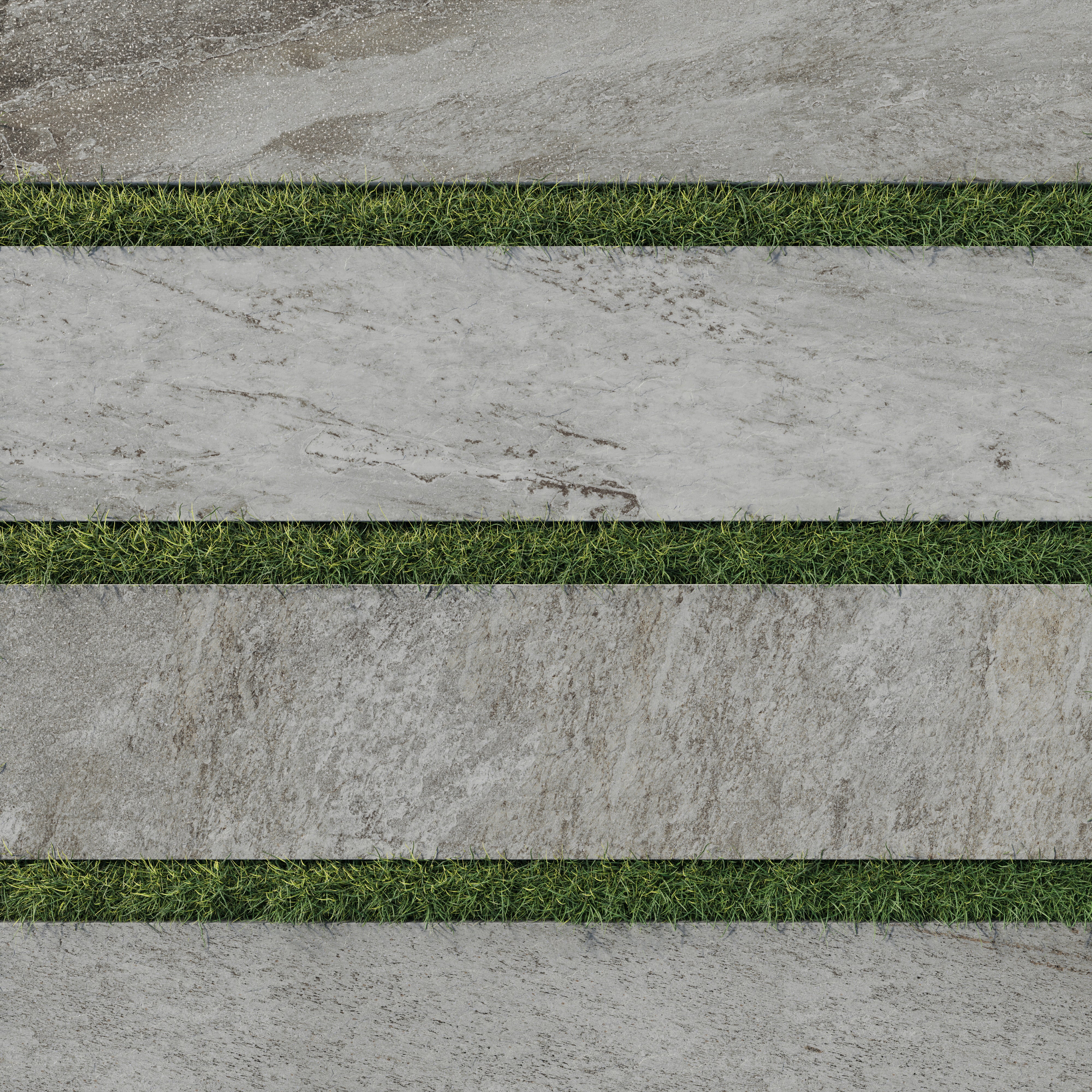 Carter Fossil 12x48 Matte Porcelain Pavers in grey tones with realistic stone textures, bordered by lush green grass for a natural outdoor aesthetic.
