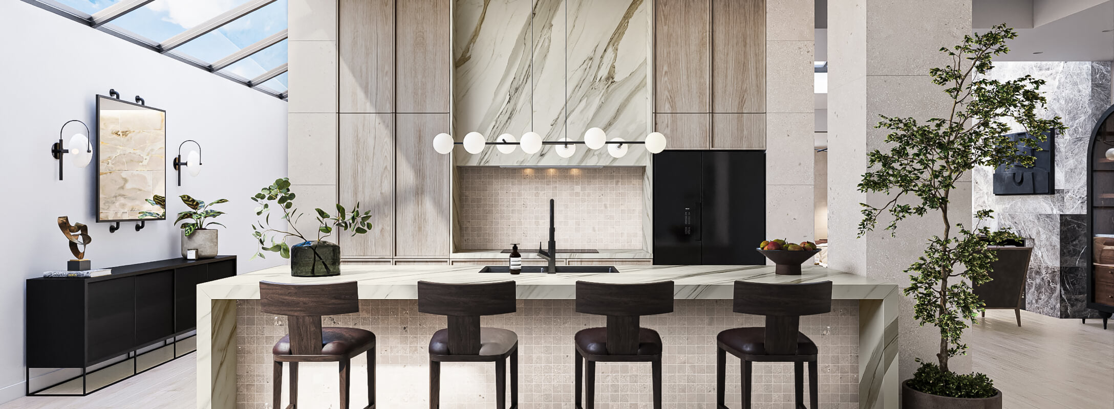 Modern kitchen with multicolor marble tiles, sleek black appliances, and an elegant island with stylish lighting