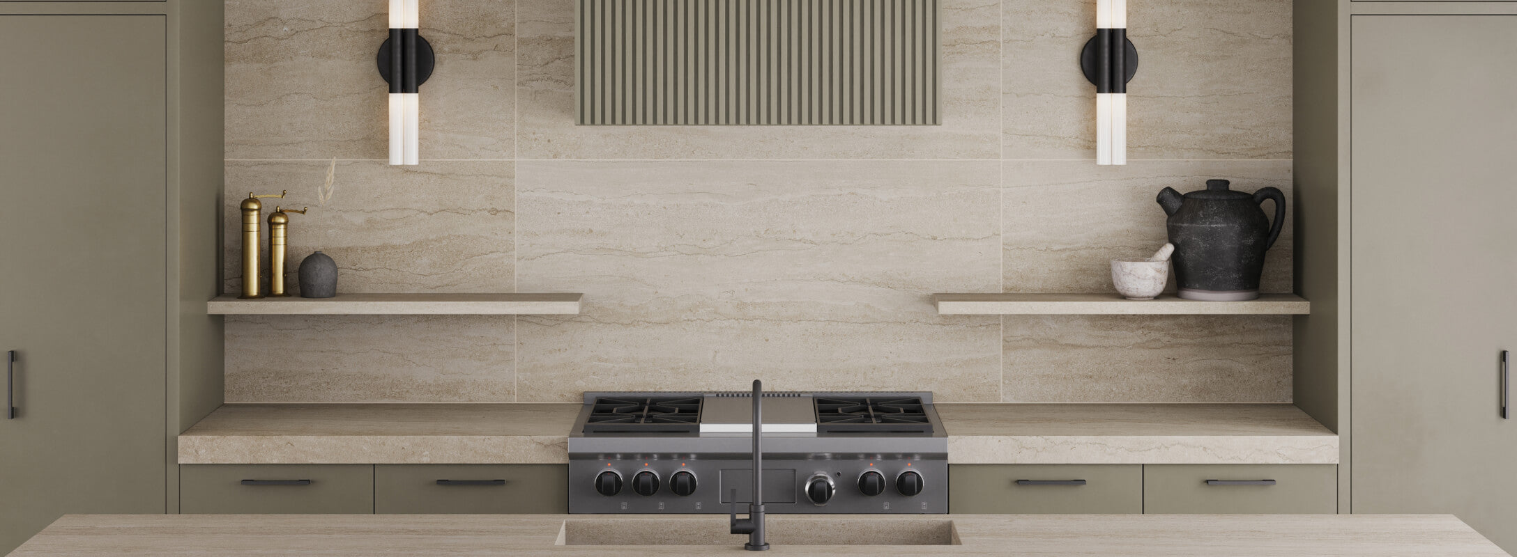 Modern kitchen with warm beige backsplash tiles, olive cabinetry, and minimalist open shelving, paired with sleek lighting and a contemporary stovetop