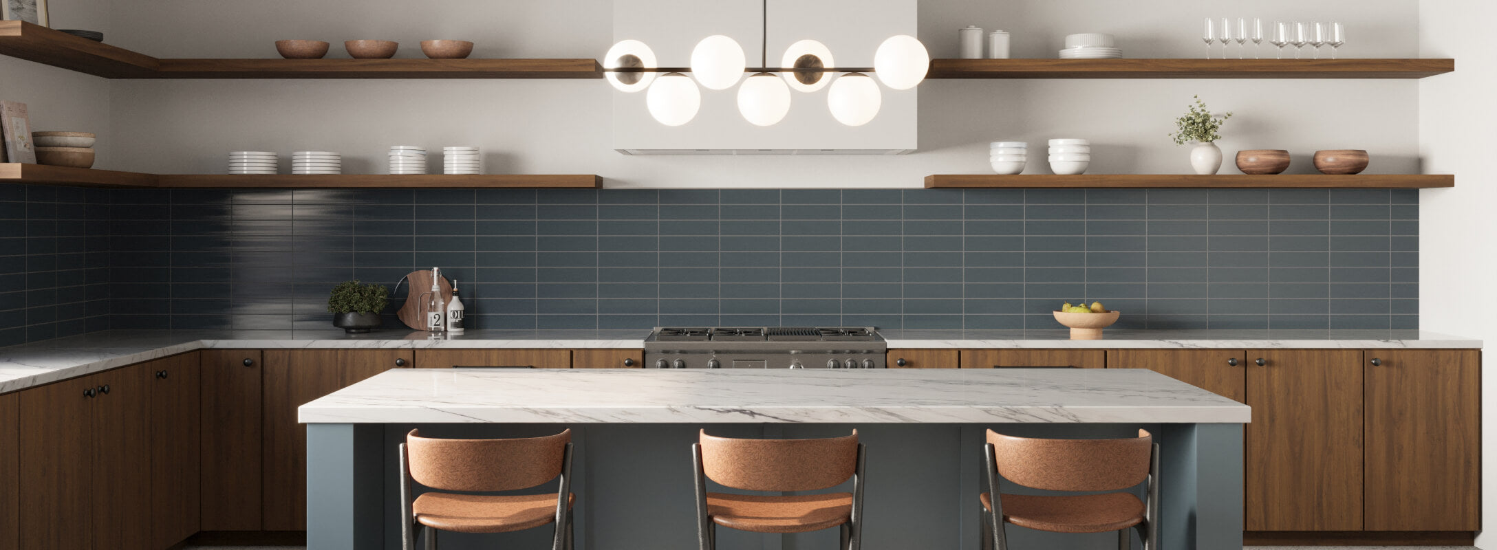 Contemporary kitchen with sleek blue subway backsplash tiles, wood cabinetry, and open shelving, complemented by a marble island and modern lighting