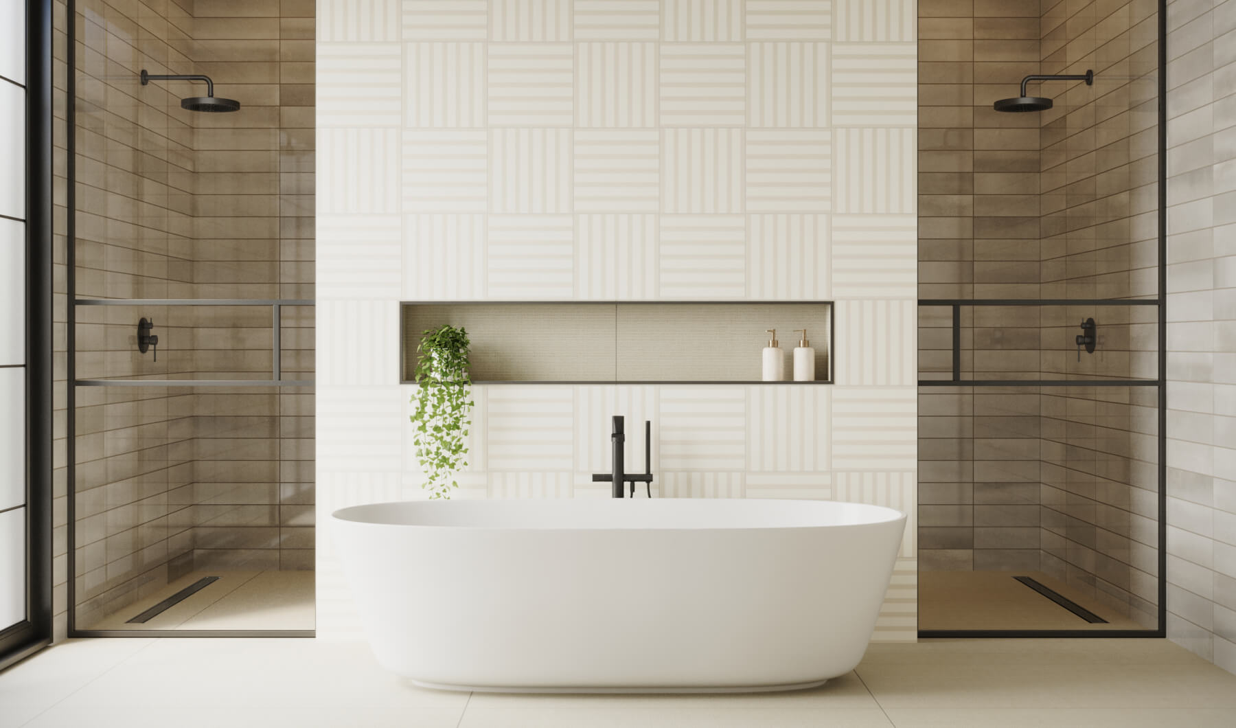 Luxurious bathroom with a freestanding tub and beige tiles. Elegant contrasting tile patterns adorn the walls and walk-in showers