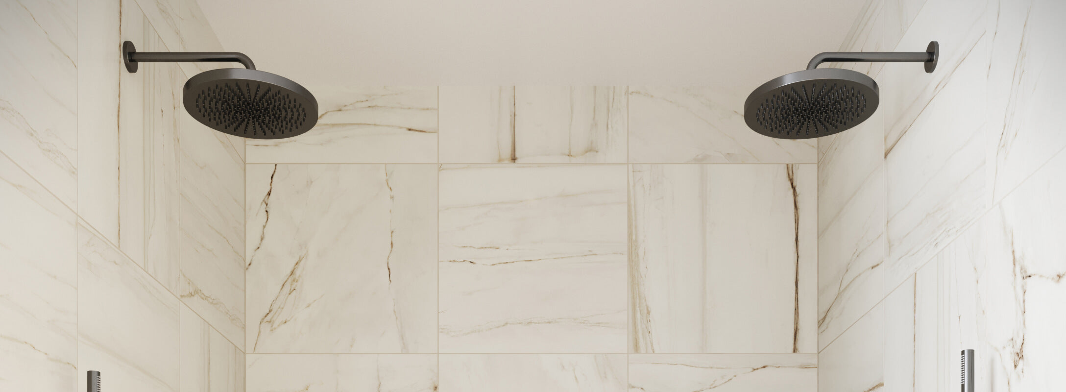 Modern shower with beige marble look tiles and dual black rainfall showerheads, creating a sleek and elegant design